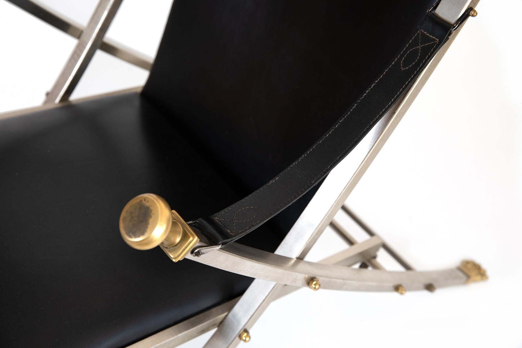Late 20th Century Maison Jansen Black Leather, Staineless Steel, and Brass Lounge Chair