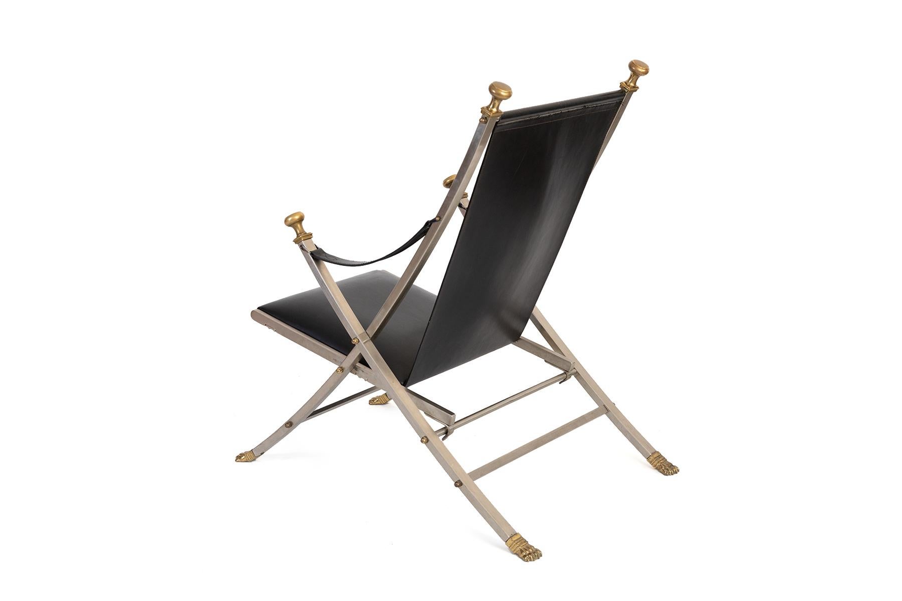 Maison Jansen Black Leather, Staineless Steel, and Brass Lounge Chair 1
