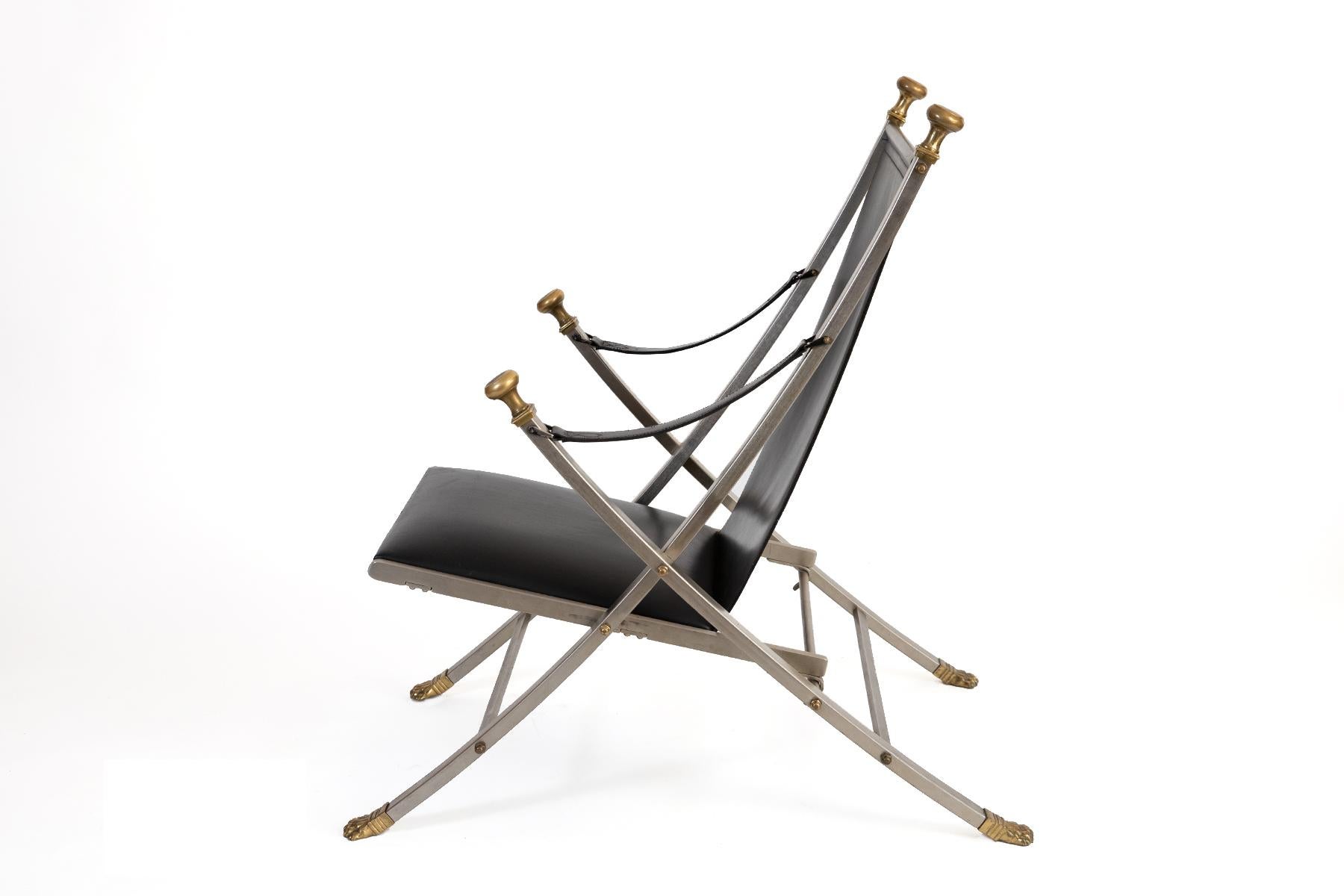 Maison Jansen Black Leather, Staineless Steel, and Brass Lounge Chair 2