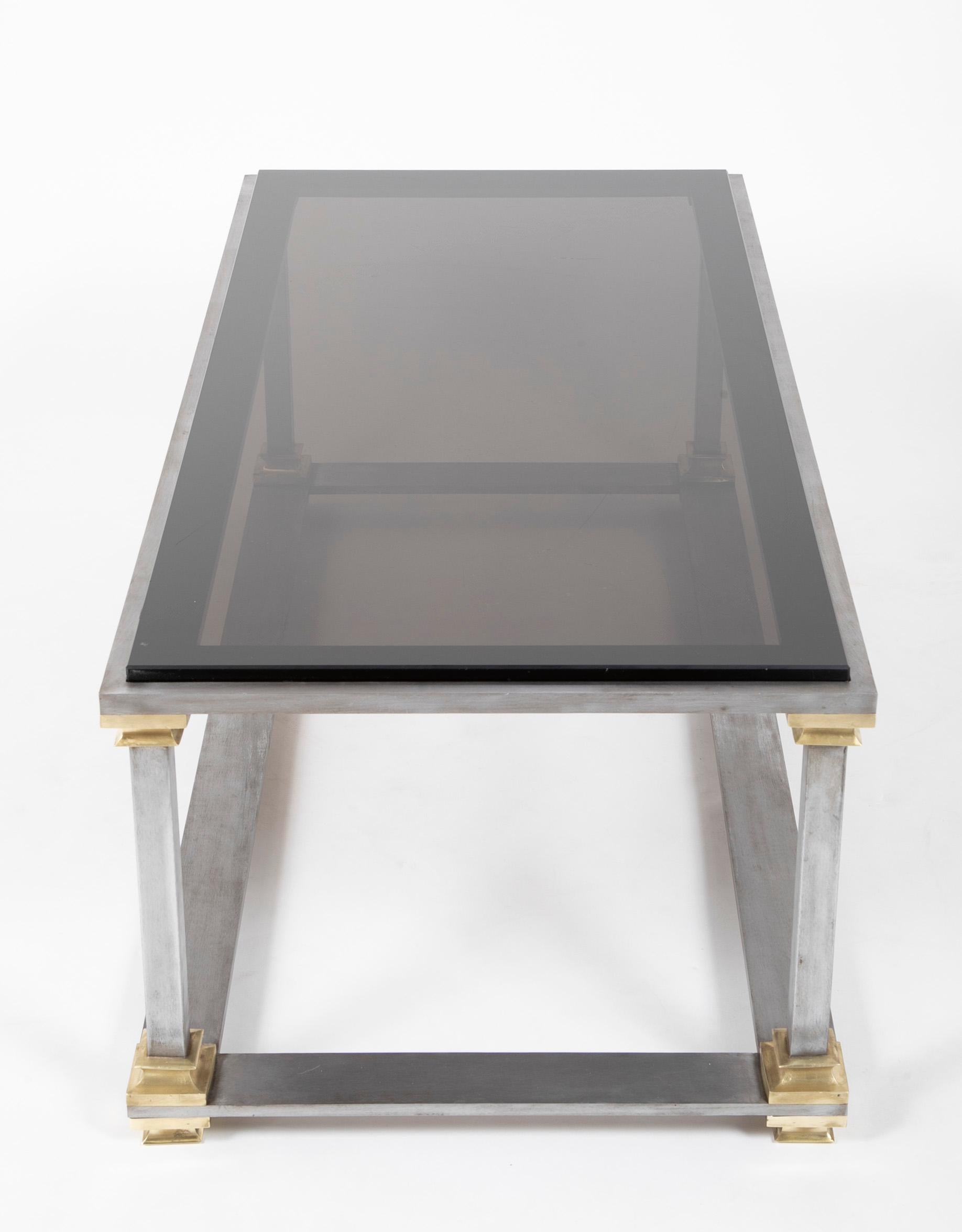20th Century Maison Jansen Steel and Brass Glass Topped Coffee Table For Sale