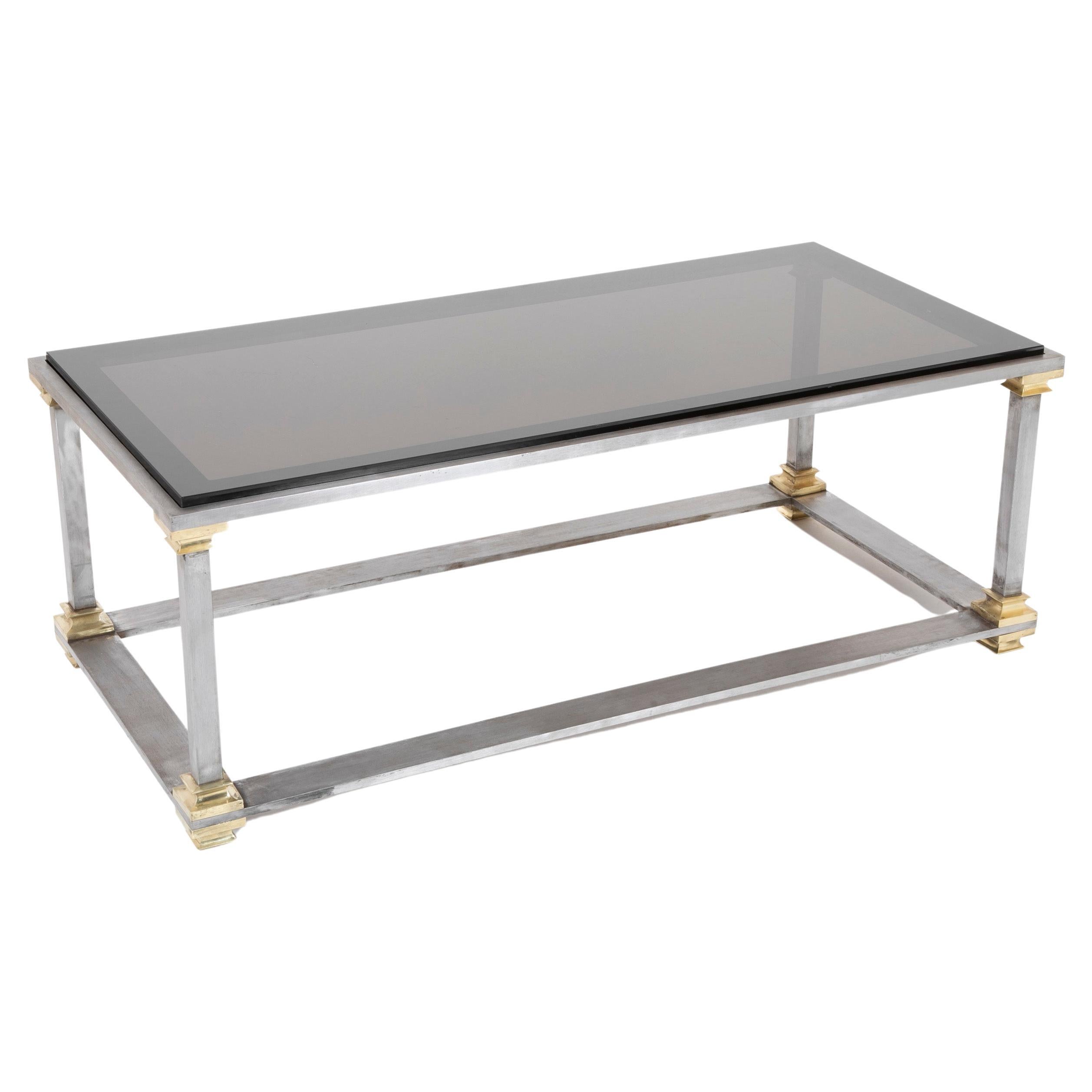 Maison Jansen Steel and Brass Glass Topped Coffee Table For Sale
