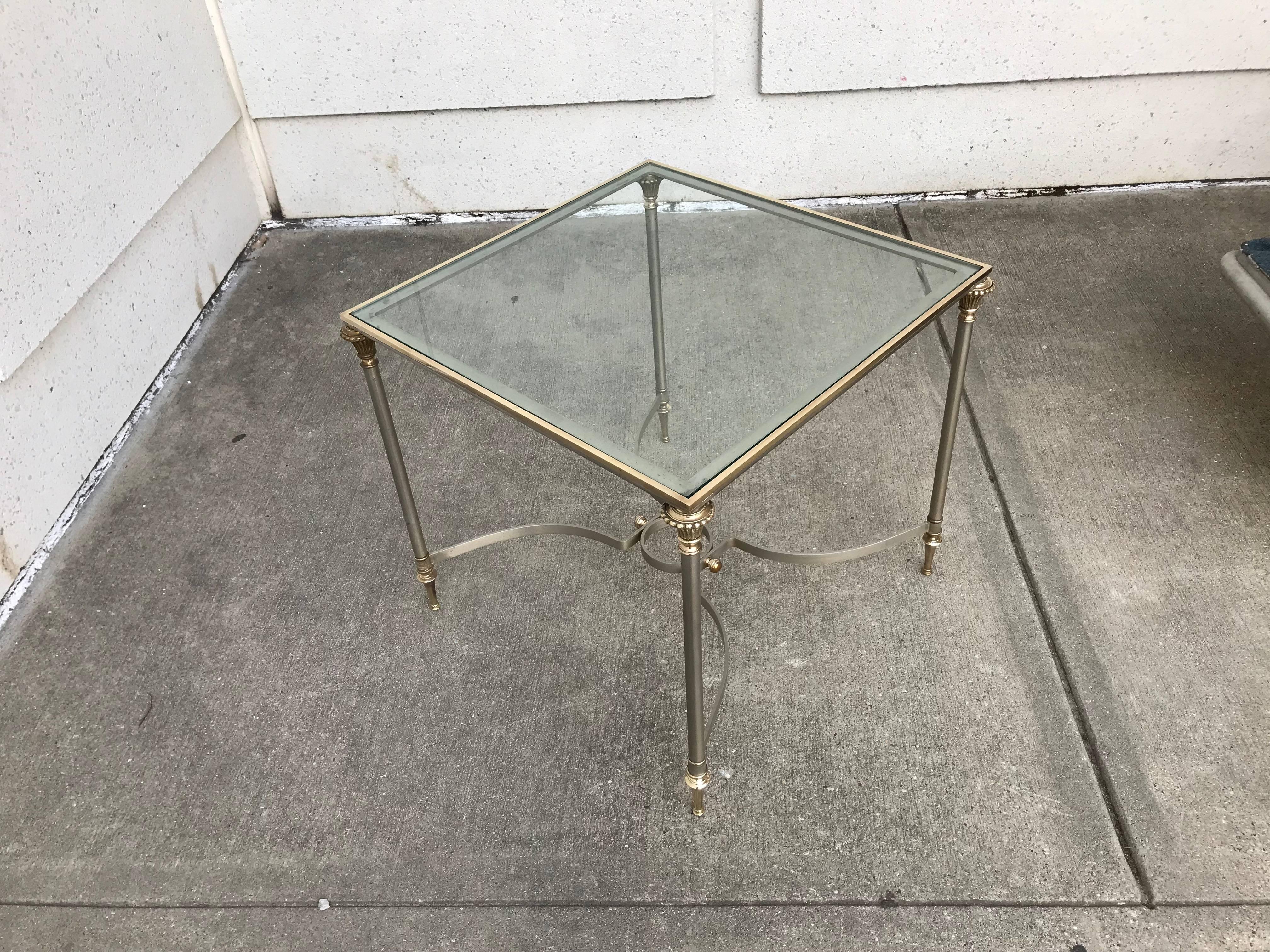 Maison Jansen Style Brushed Steel and Bronze Glass Topped Side Table For Sale 4