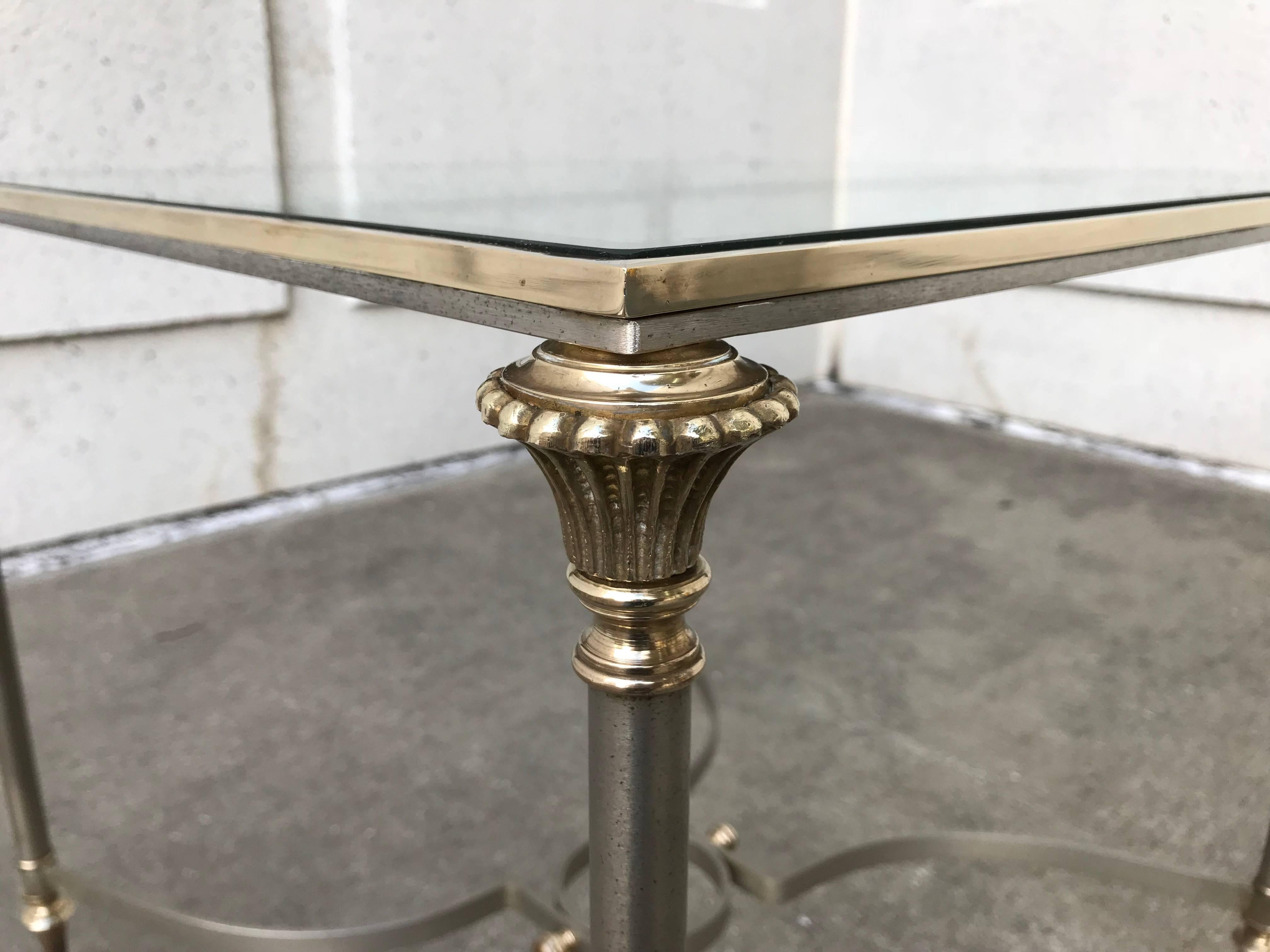 Mid-Century Modern Maison Jansen Style Brushed Steel and Bronze Glass Topped Side Table For Sale