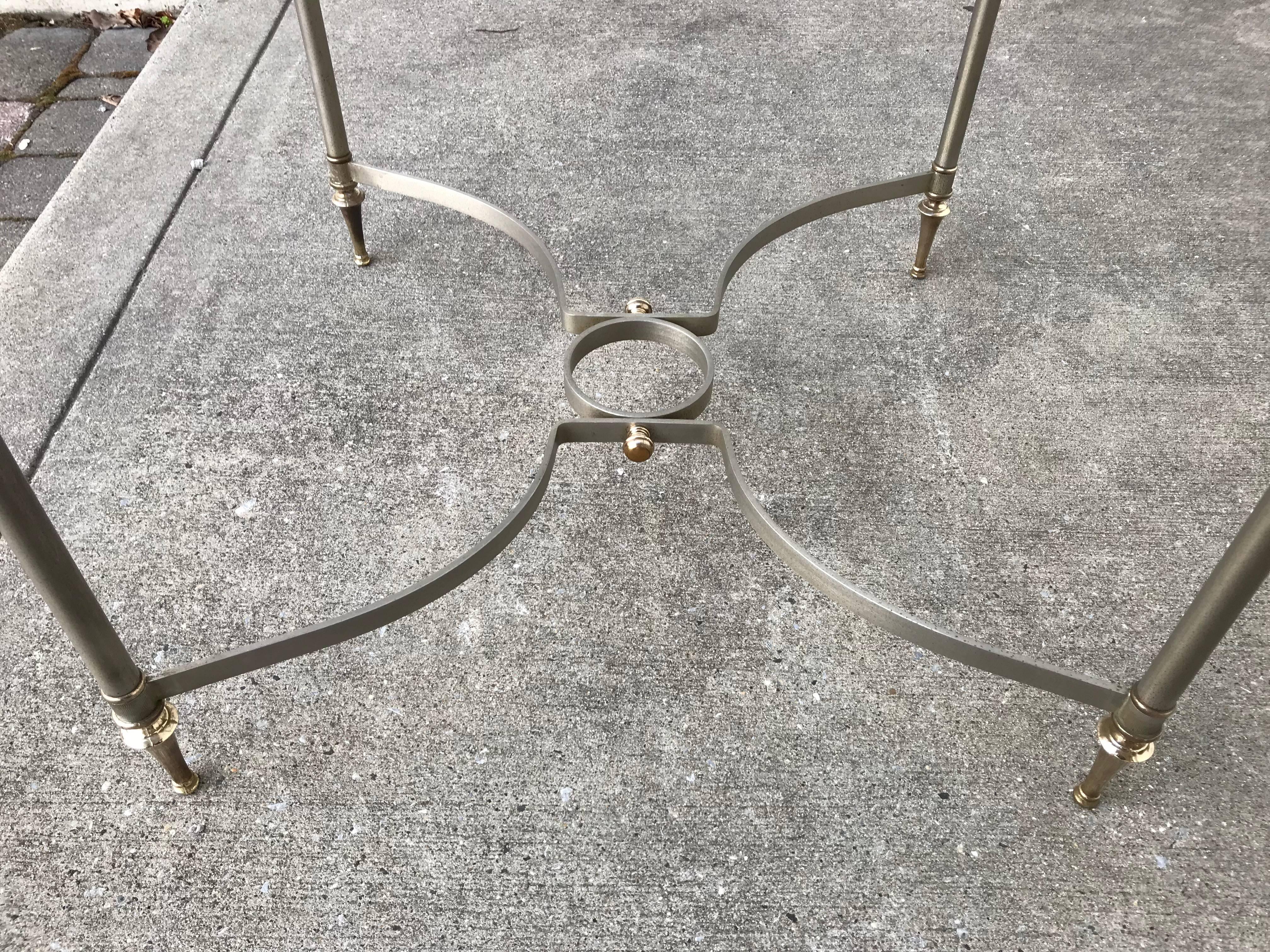 Maison Jansen Style Brushed Steel and Bronze Glass Topped Side Table In Good Condition For Sale In Stamford, CT