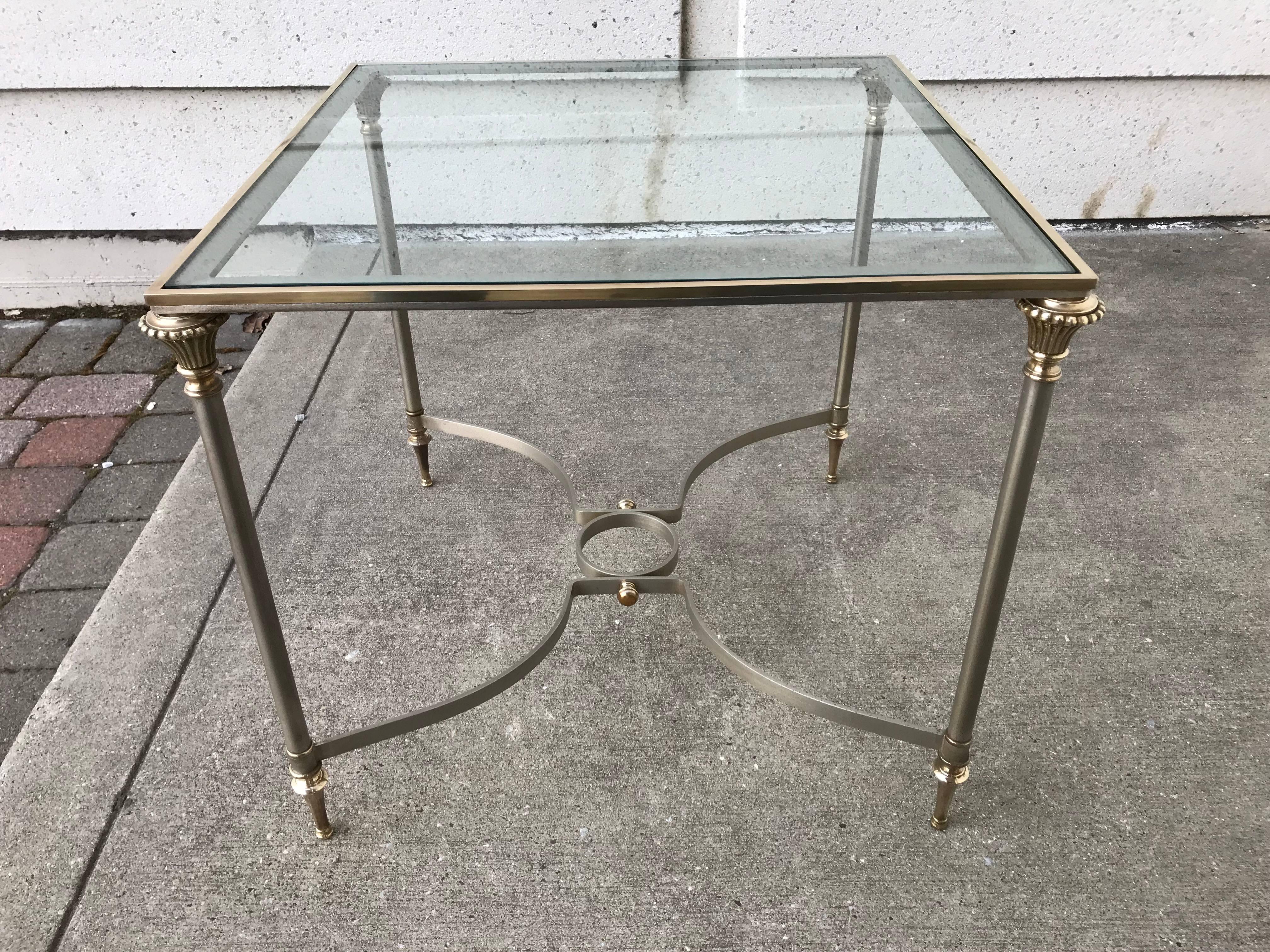 Maison Jansen Style Brushed Steel and Bronze Glass Topped Side Table For Sale 1