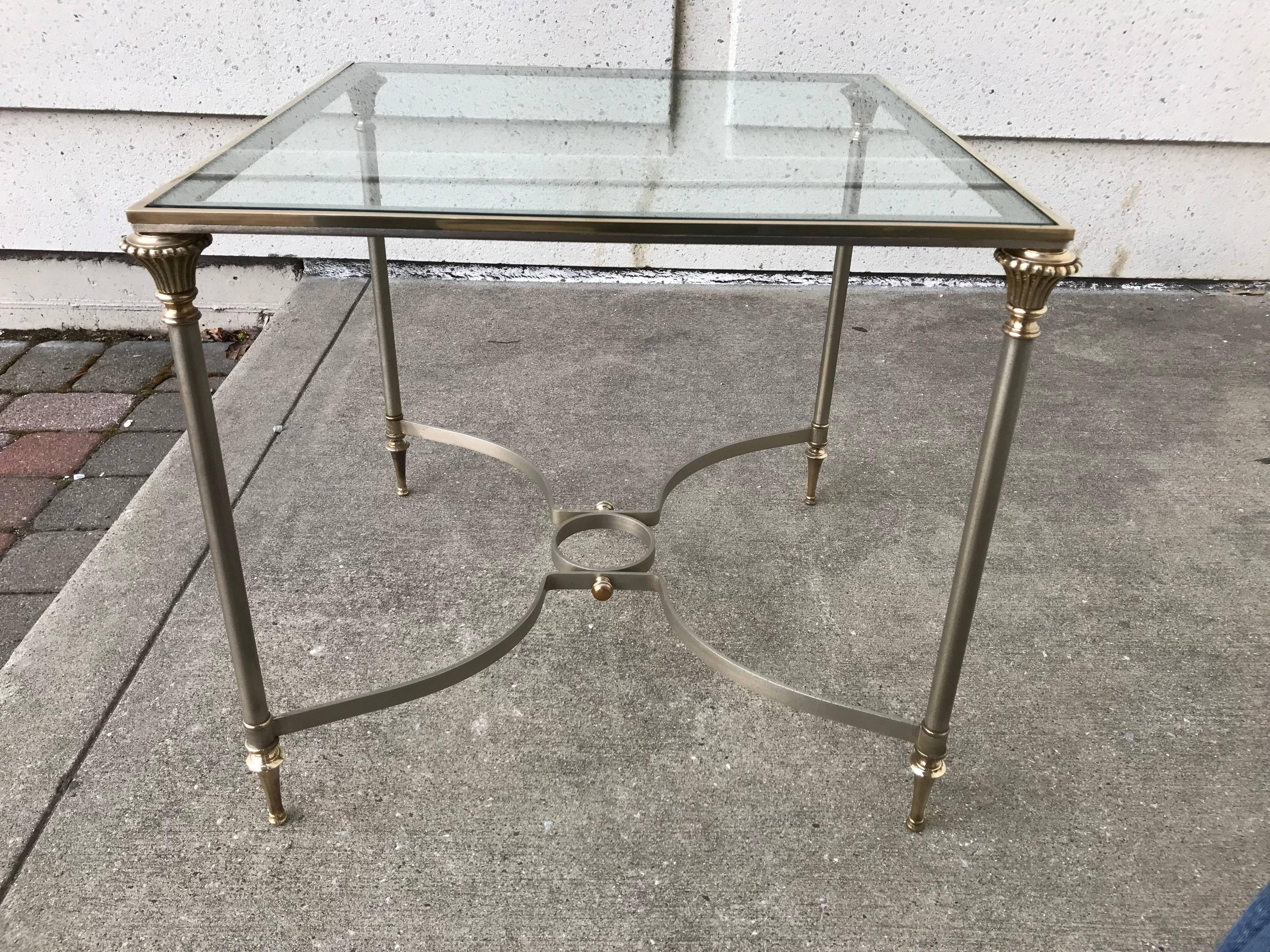 Maison Jansen Style Brushed Steel and Bronze Glass Topped Side Table For Sale 3