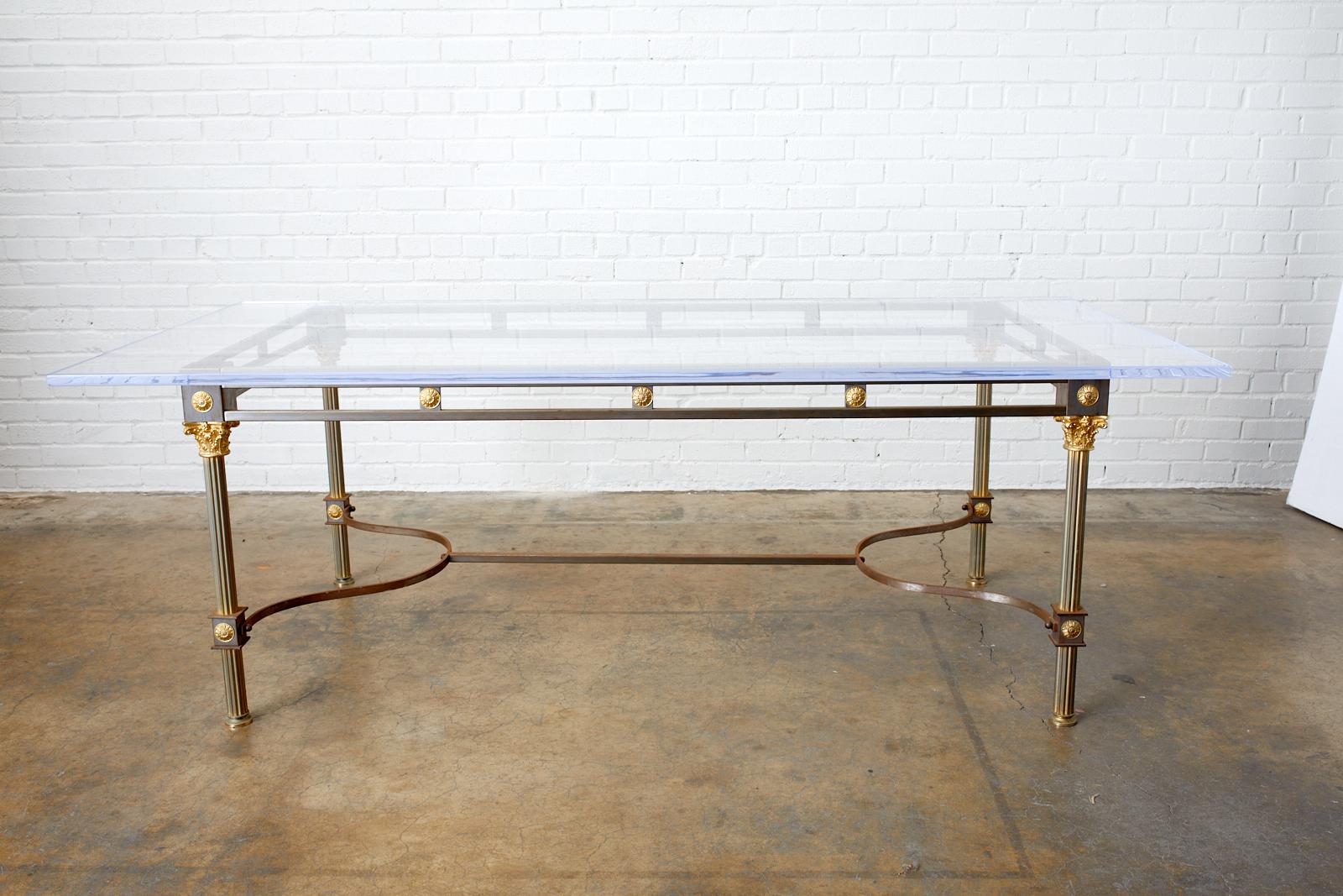 Maison Jansen Steel Brass Neoclassical Style Dining Table In Good Condition For Sale In Rio Vista, CA