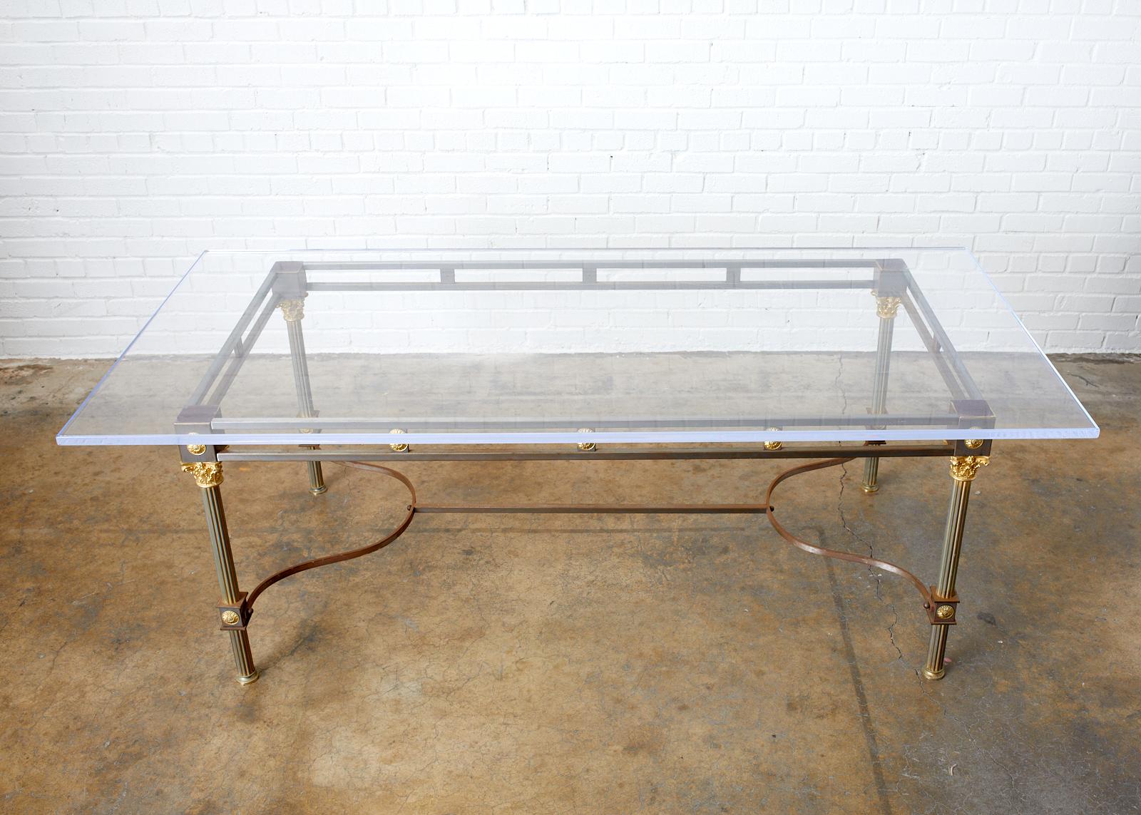 20th Century Maison Jansen Steel Brass Neoclassical Style Dining Table For Sale