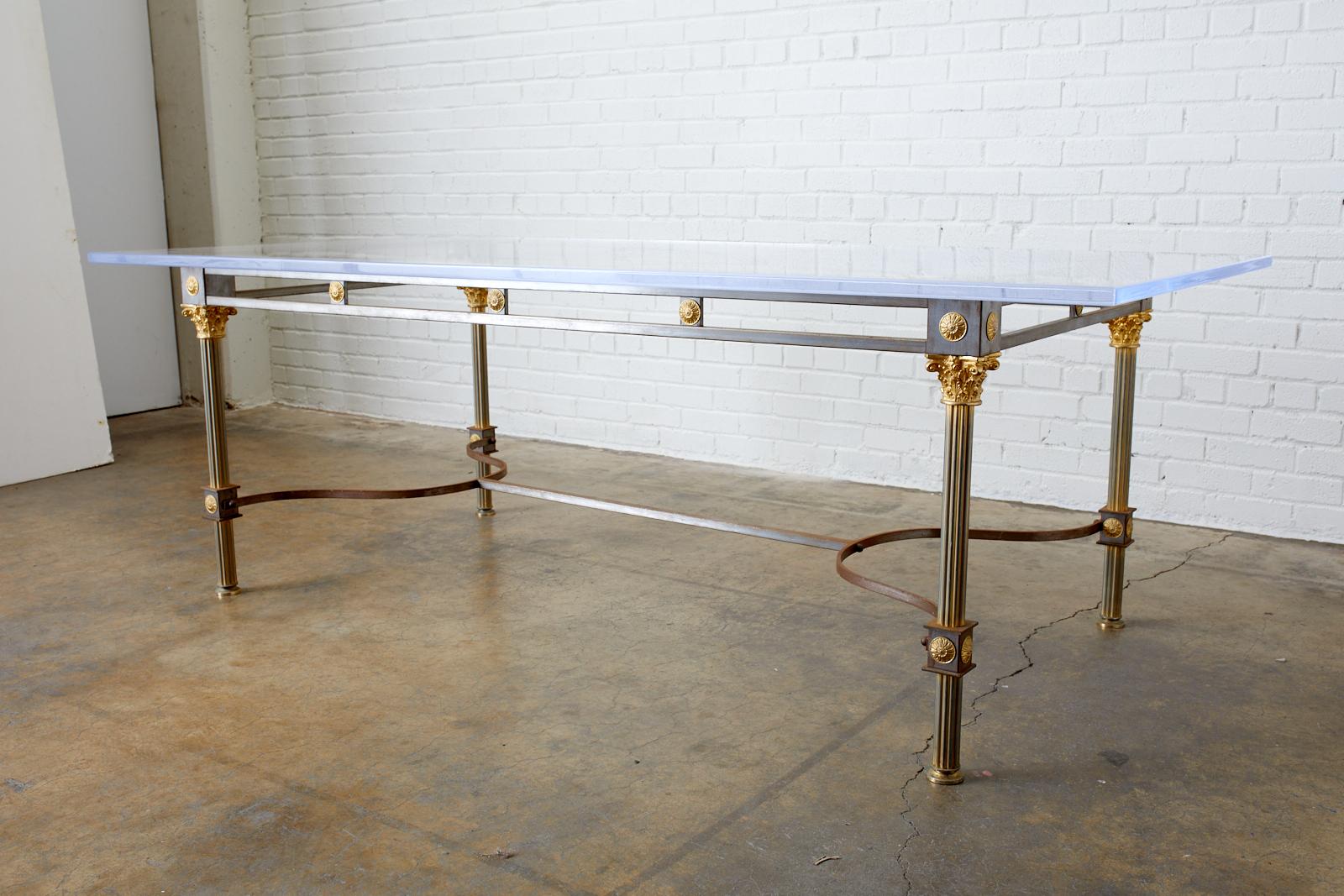 French Maison Jansen Steel Brass Neoclassical Style Dining Table For Sale