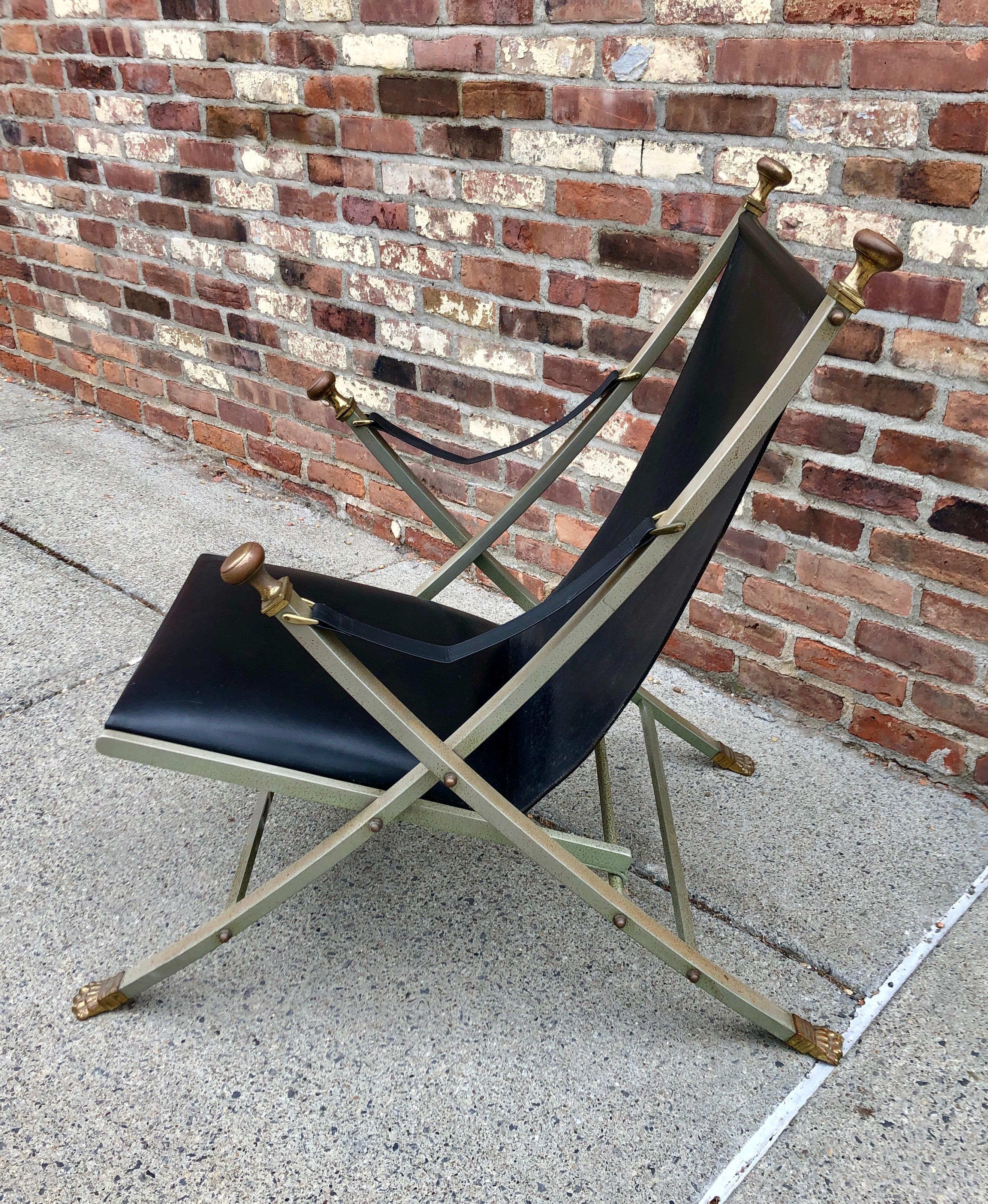 French Maison Jansen Steel, Bronze and Leather Campaign Chair For Sale