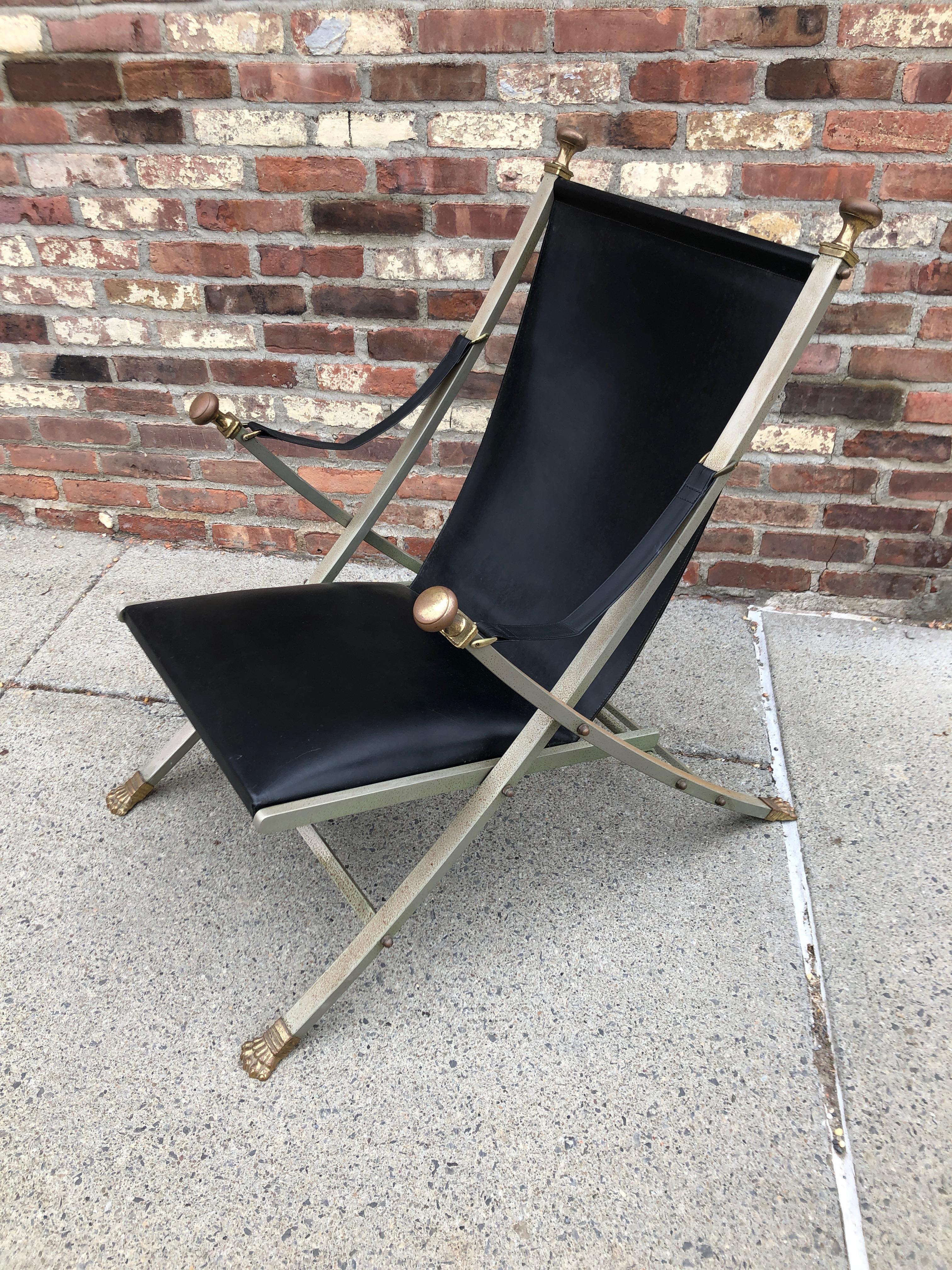 Maison Jansen Steel, Bronze and Leather Campaign Chair In Good Condition For Sale In Brooklyn, NY