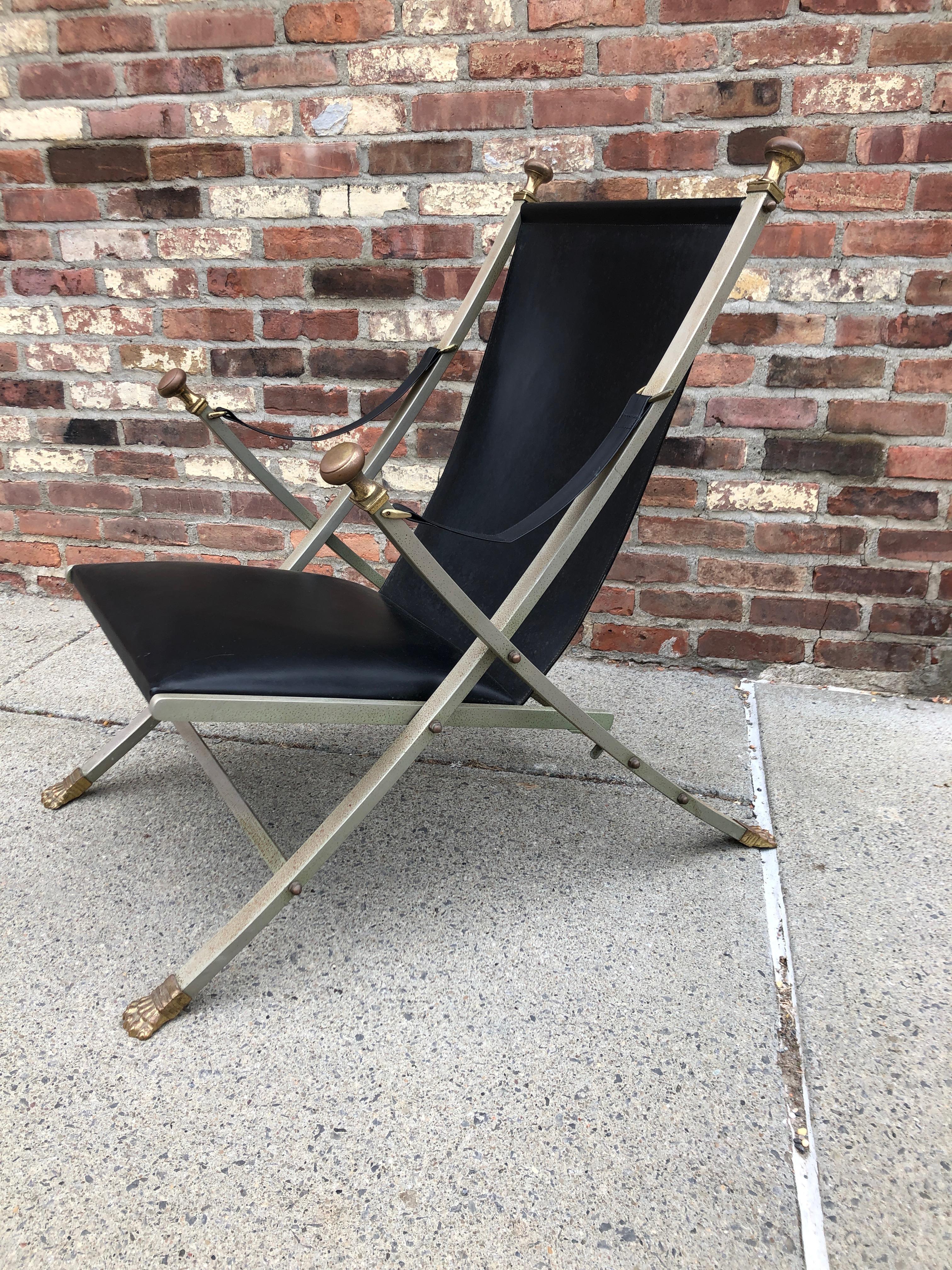 Mid-20th Century Maison Jansen Steel, Bronze and Leather Campaign Chair For Sale