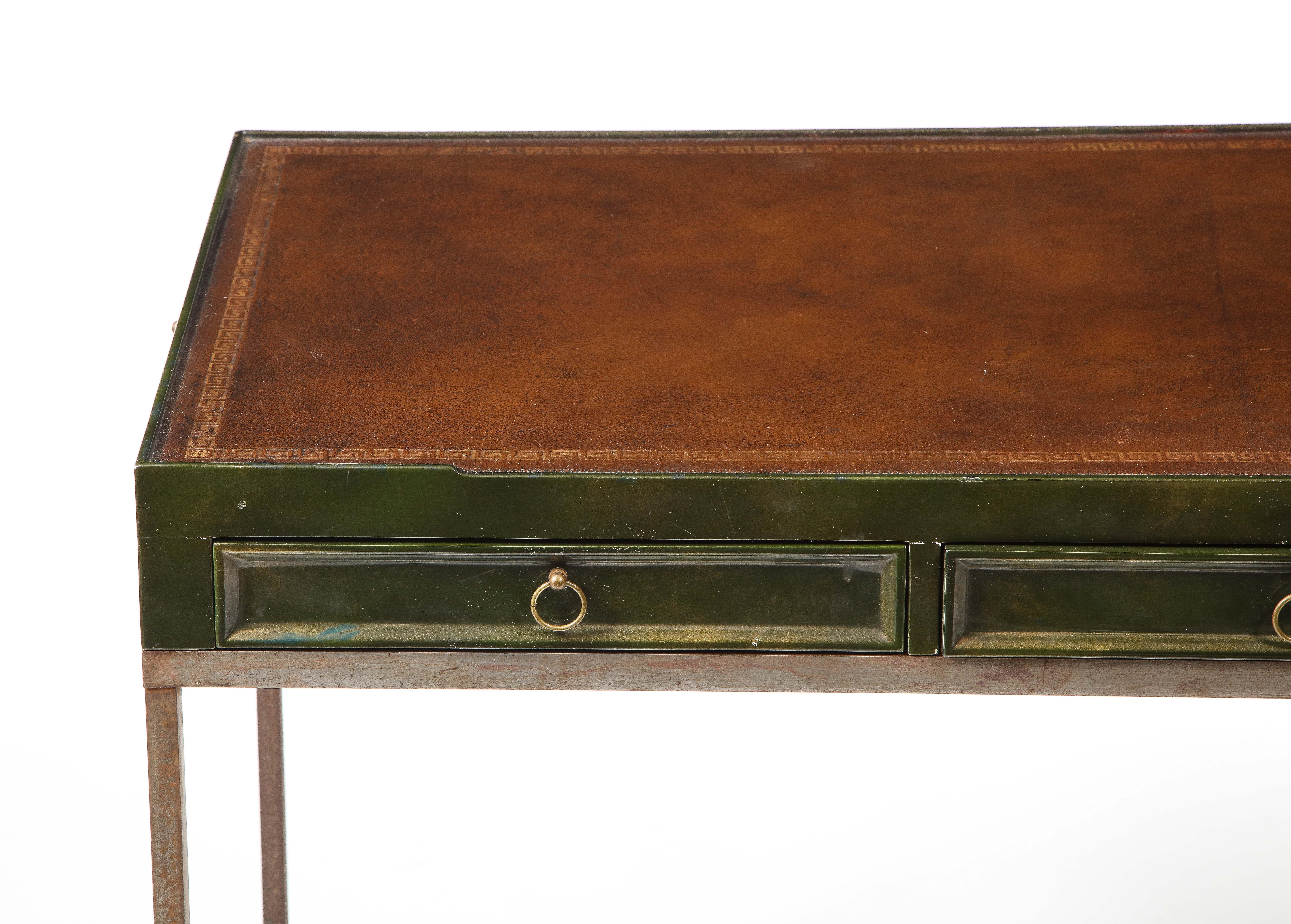 French Maison Jansen Steel & Lacquered Modern Neoclassical Desk, France 1960's For Sale