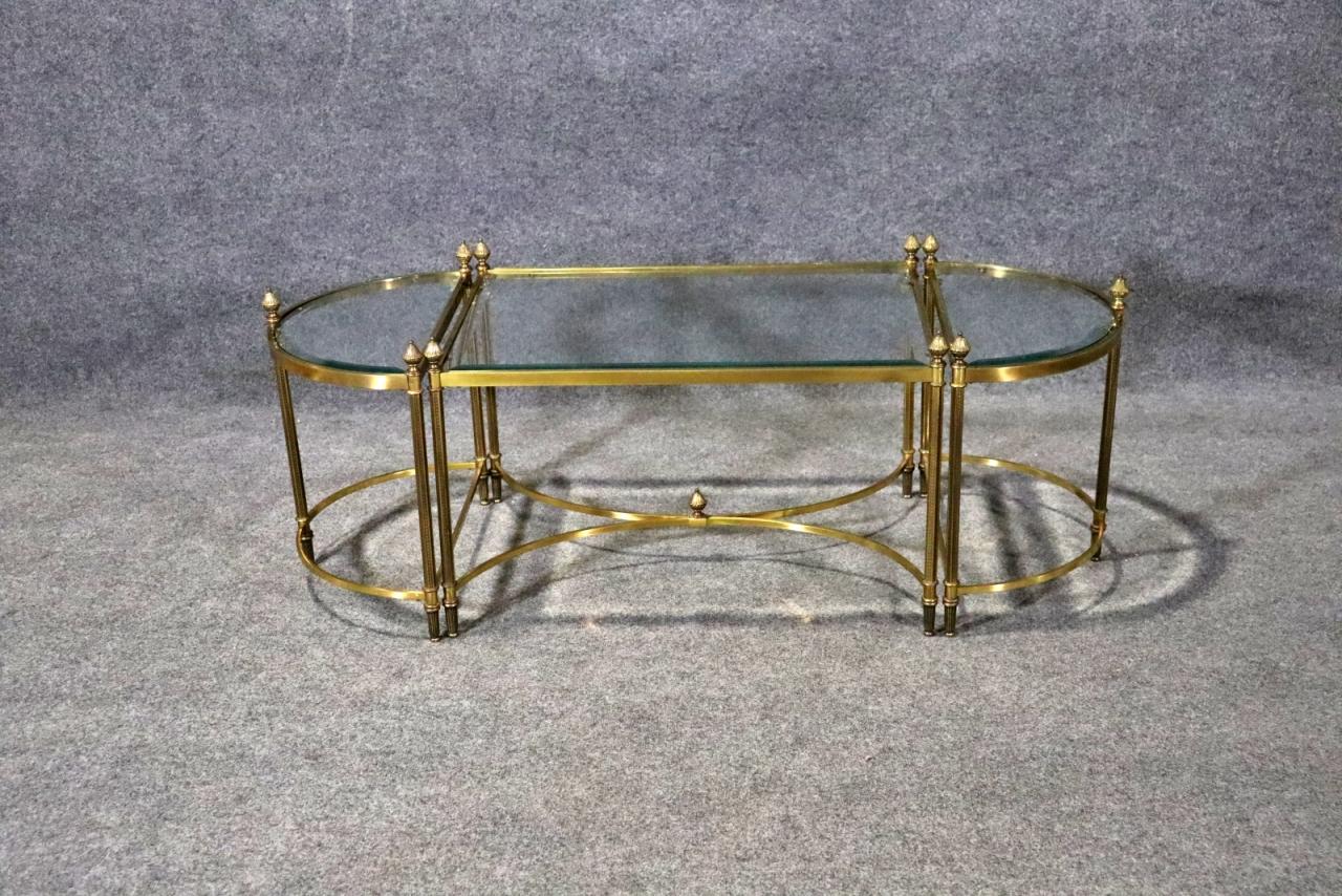 3 pieces. Brass frames. Glass top inserts. Beveled edge on glass. 19 3/8