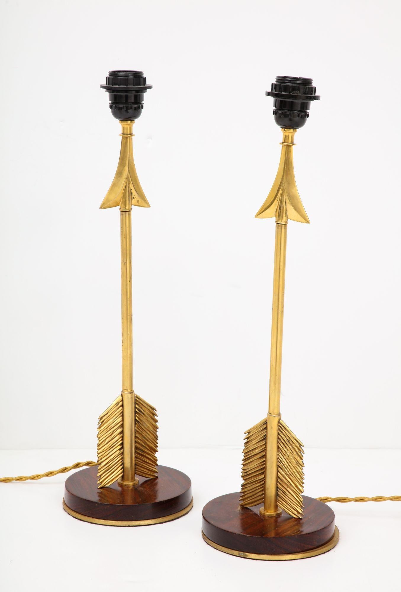 Maison Jansen Style Arrow Bronze Lamps With Wood Base For Sale 5