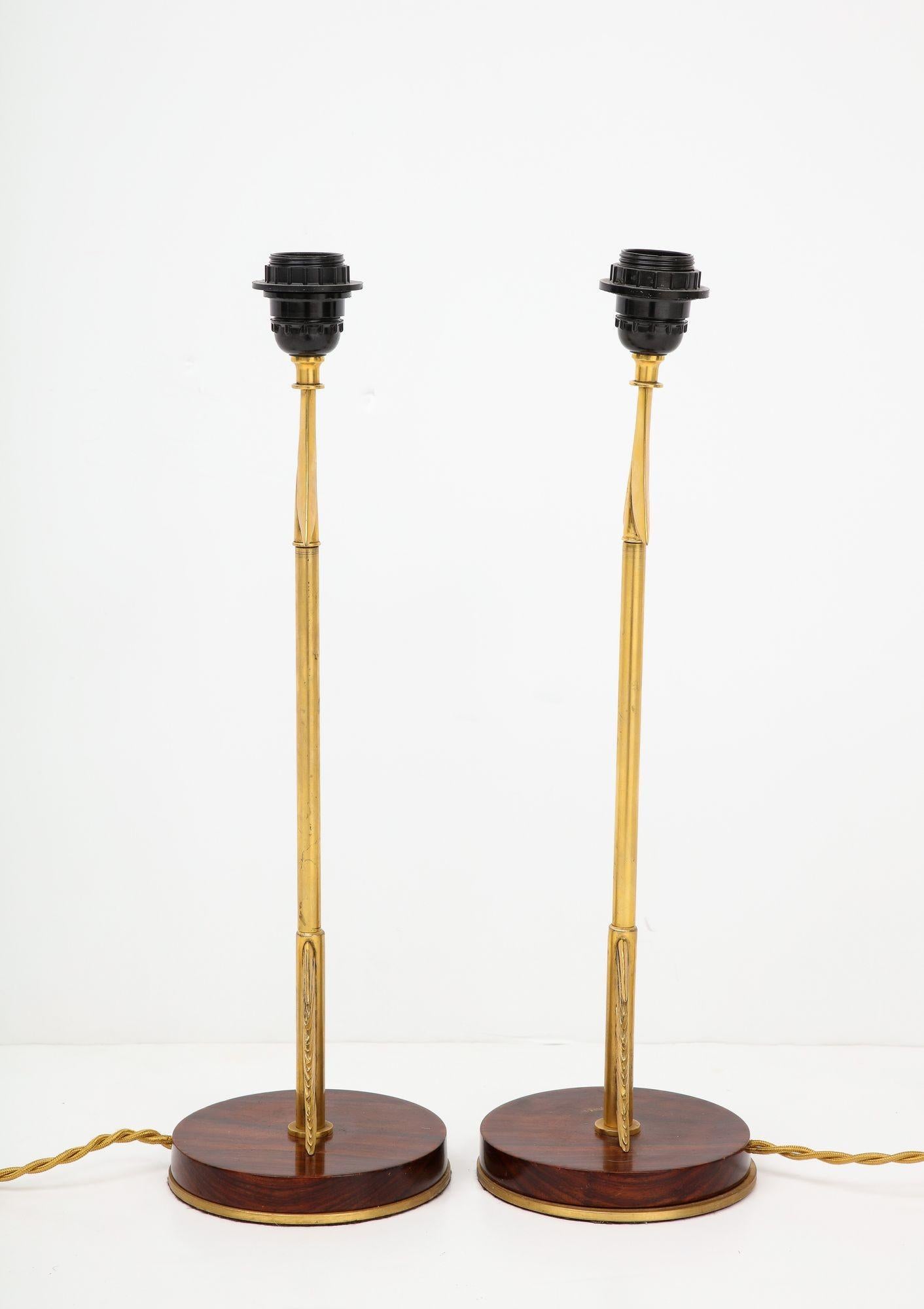 Maison Jansen Style Arrow Bronze Lamps With Wood Base For Sale 6