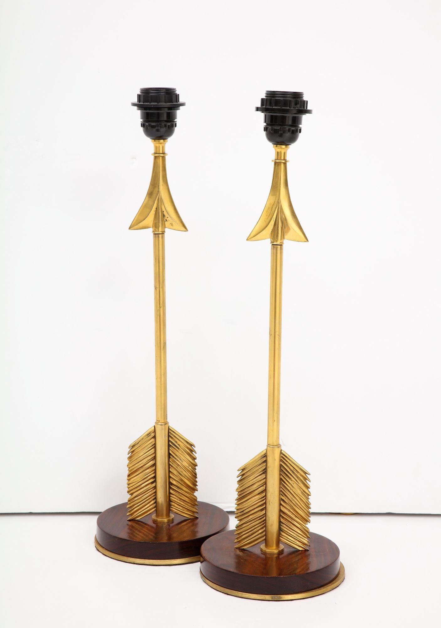 Maison Jansen Style Arrow Bronze Lamps With Wood Base For Sale 3