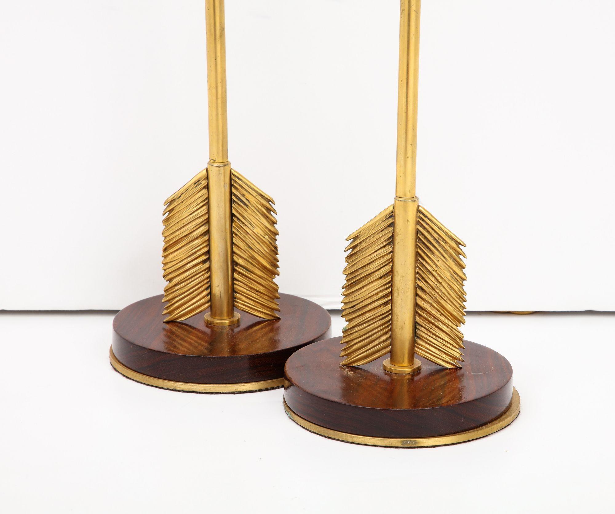 Maison Jansen Style Arrow Bronze Lamps With Wood Base For Sale 4