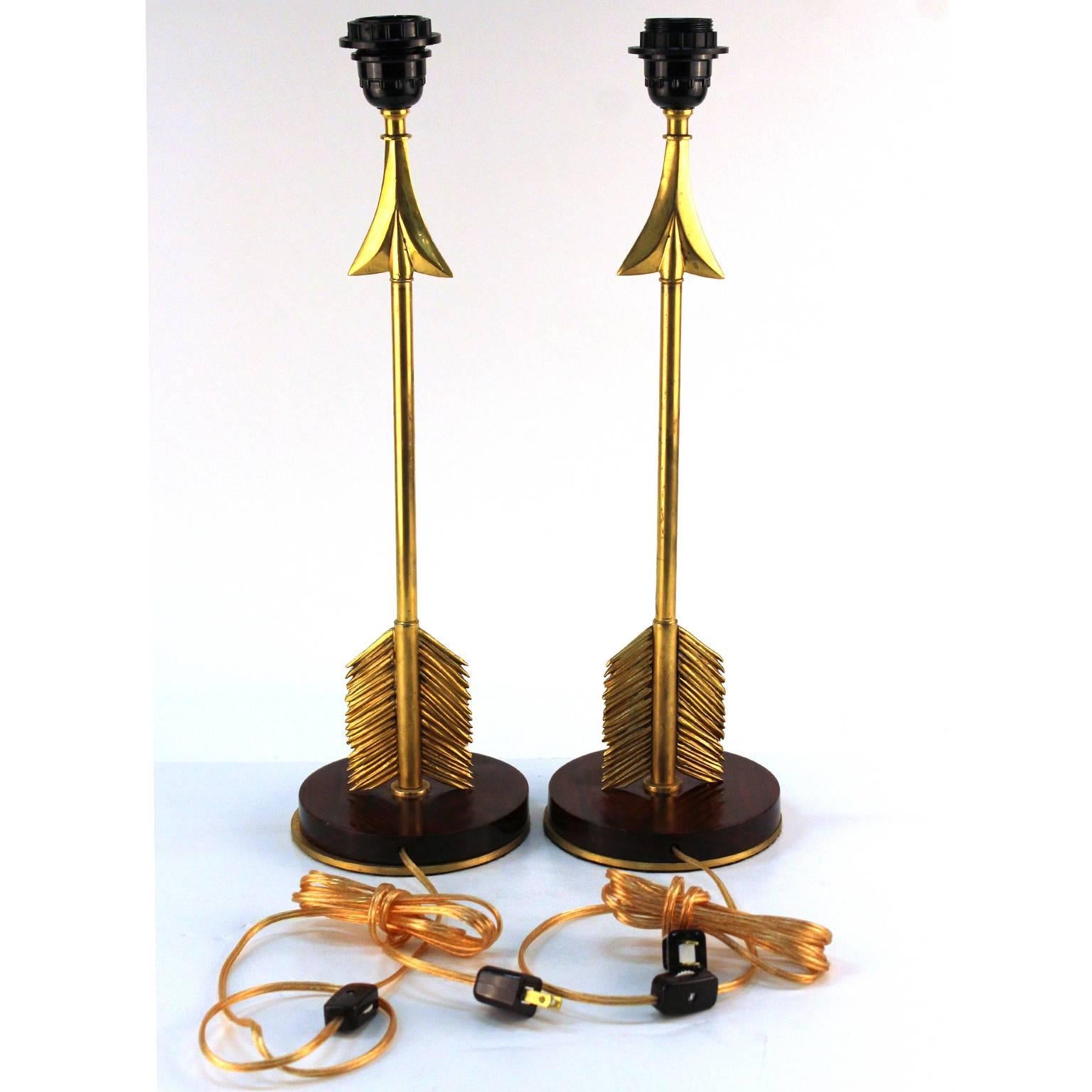 Neoclassical Revival Maison Jansen Style Arrow Table Lamps in Gilded Bronze and Mahogany