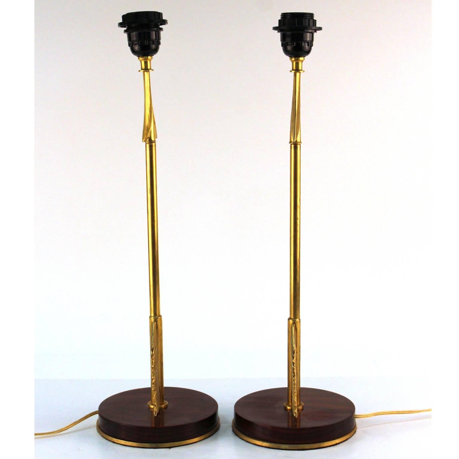 French Maison Jansen Style Arrow Table Lamps in Gilded Bronze and Mahogany