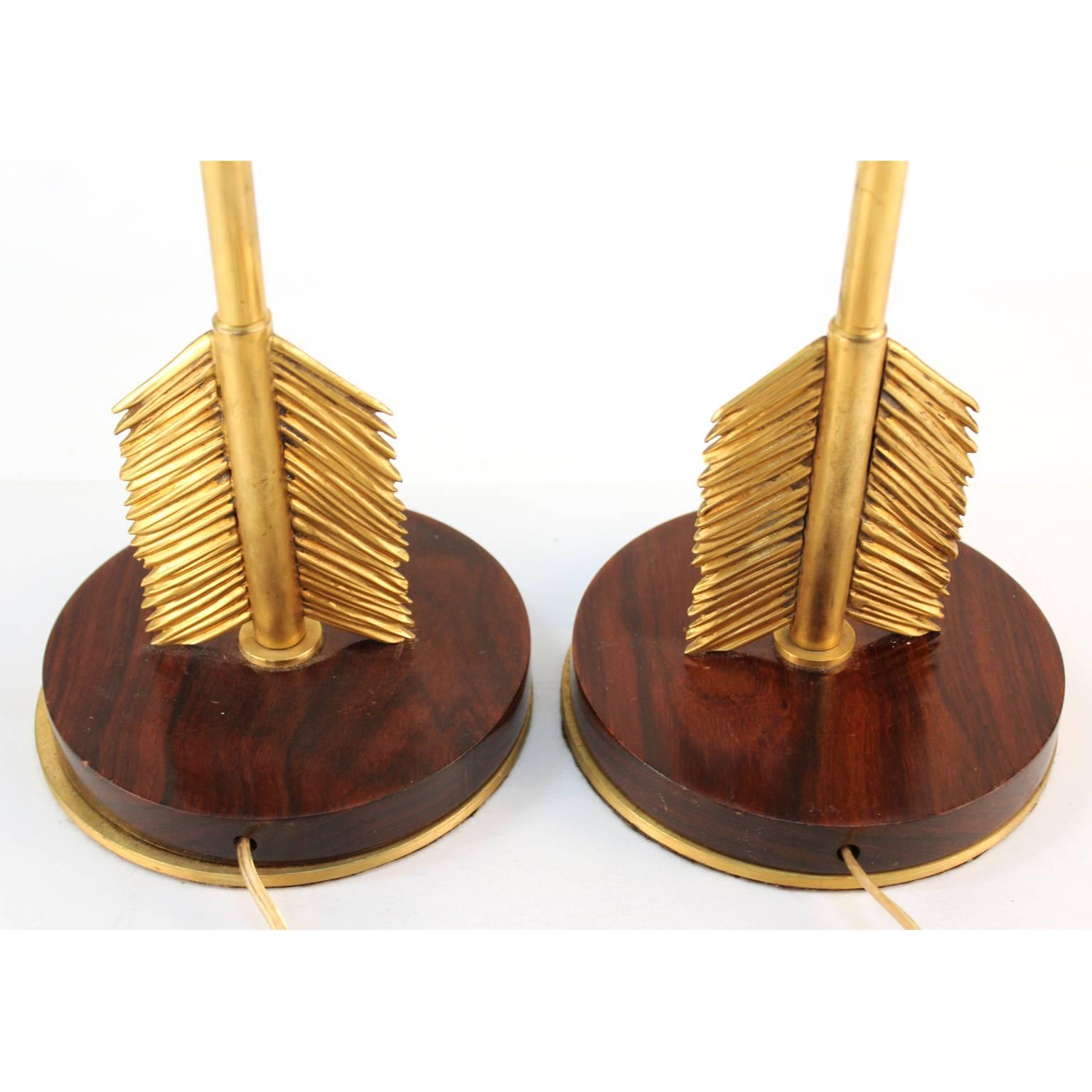 Mid-20th Century Maison Jansen Style Arrow Table Lamps in Gilded Bronze and Mahogany
