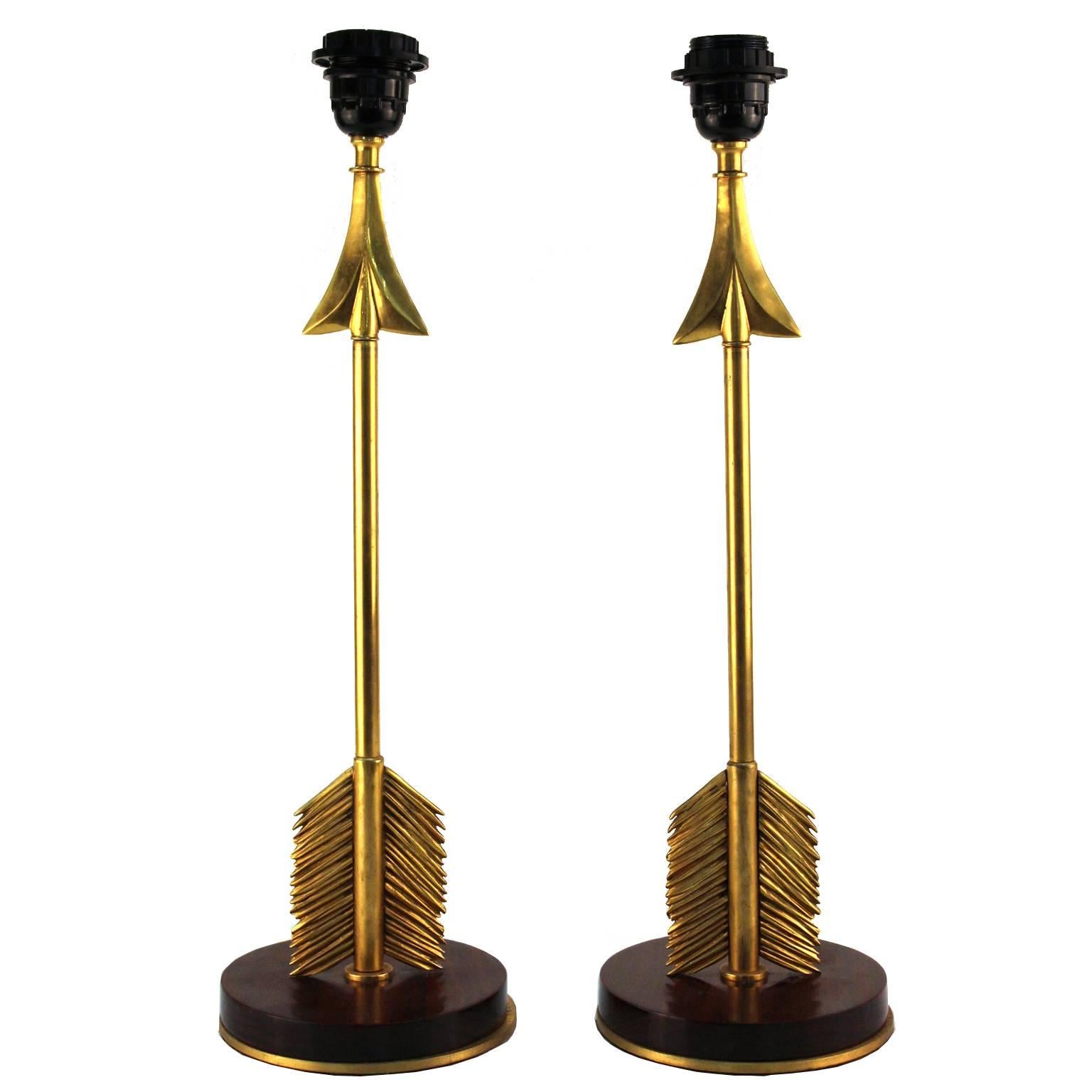 Maison Jansen Style Arrow Table Lamps in Gilded Bronze and Mahogany