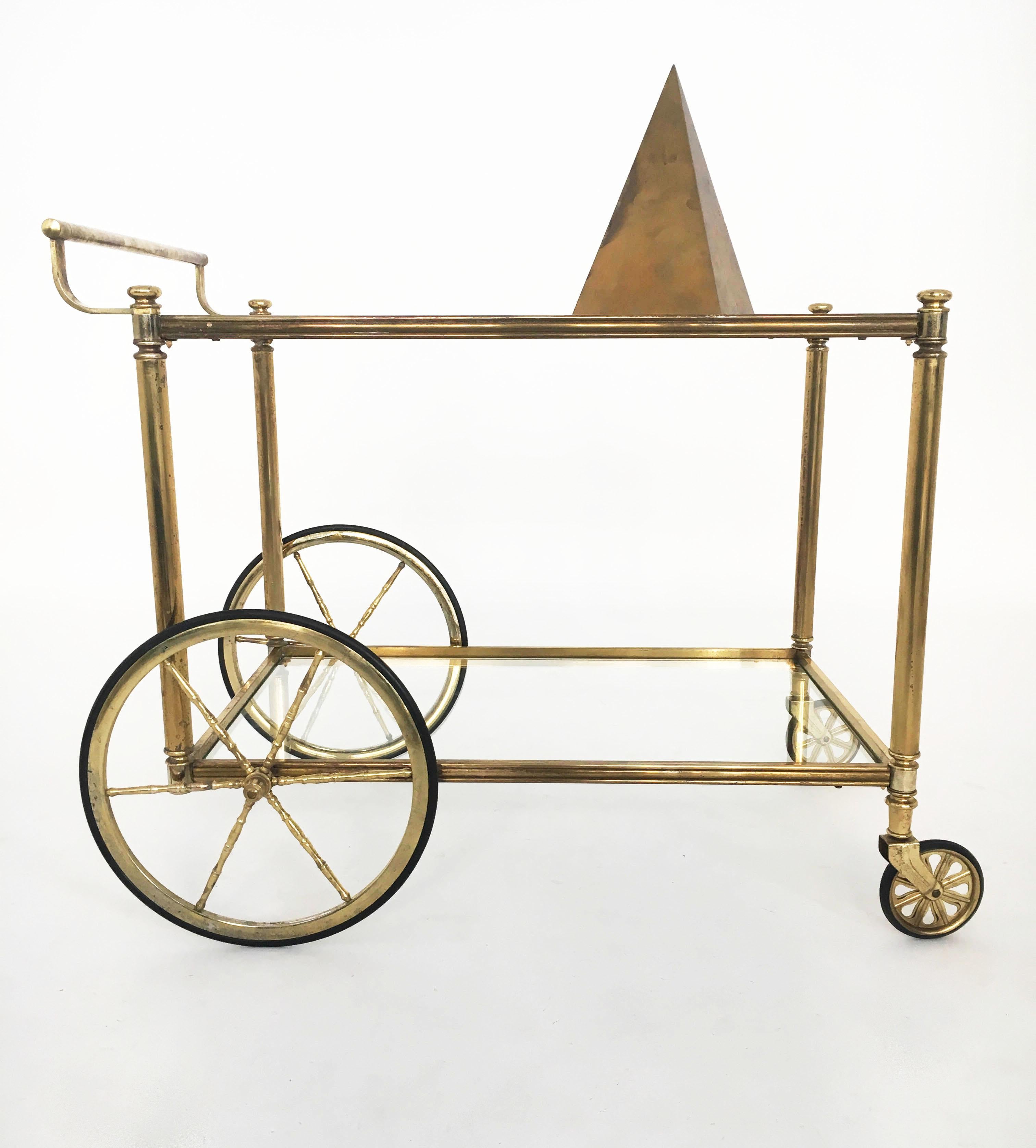 French Maison Jansen Style Bar Cart in Patinated Brass, France 1950s For Sale