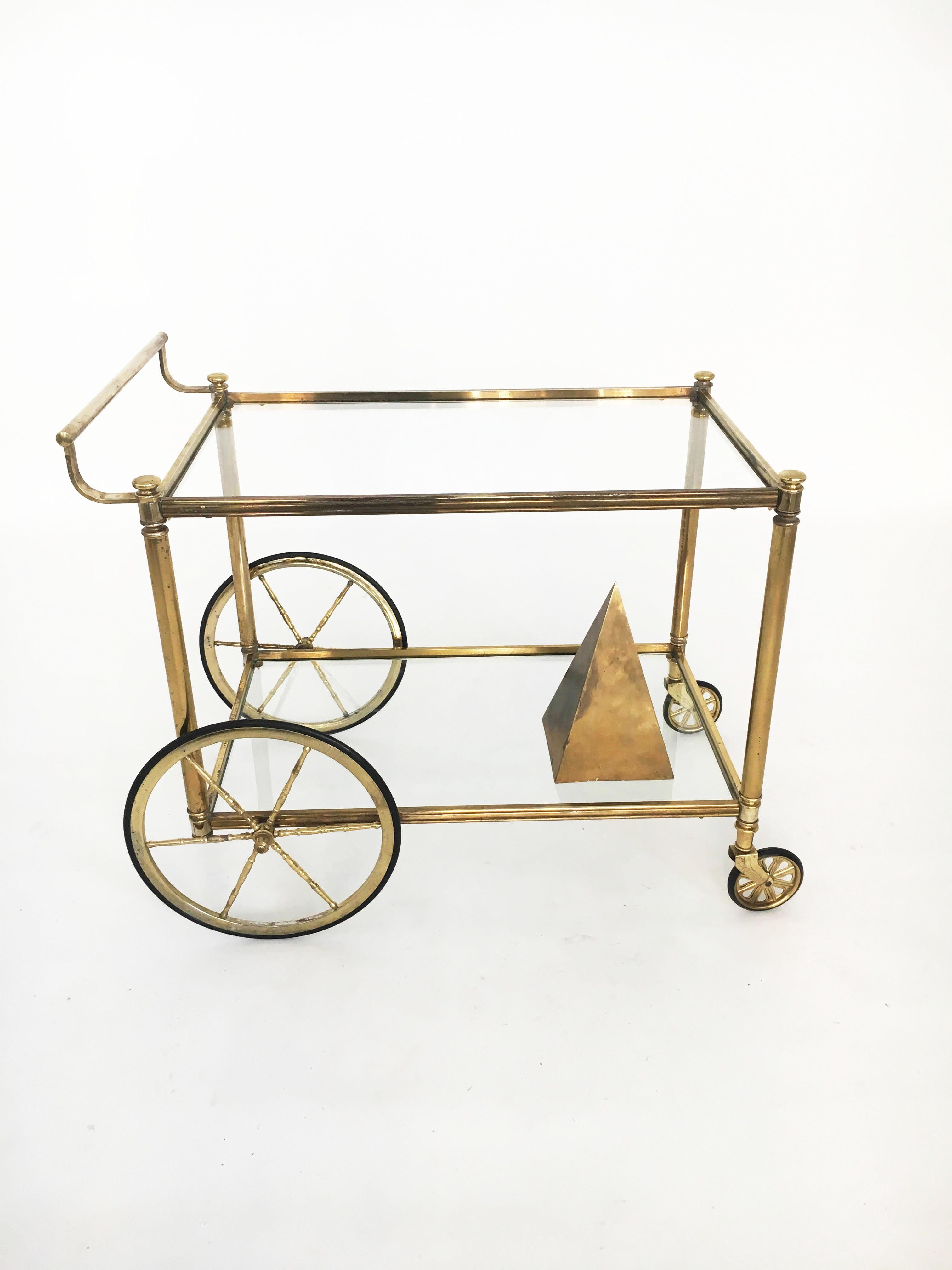 Late 20th Century Maison Jansen Style Bar Cart in Patinated Brass, France 1950s For Sale