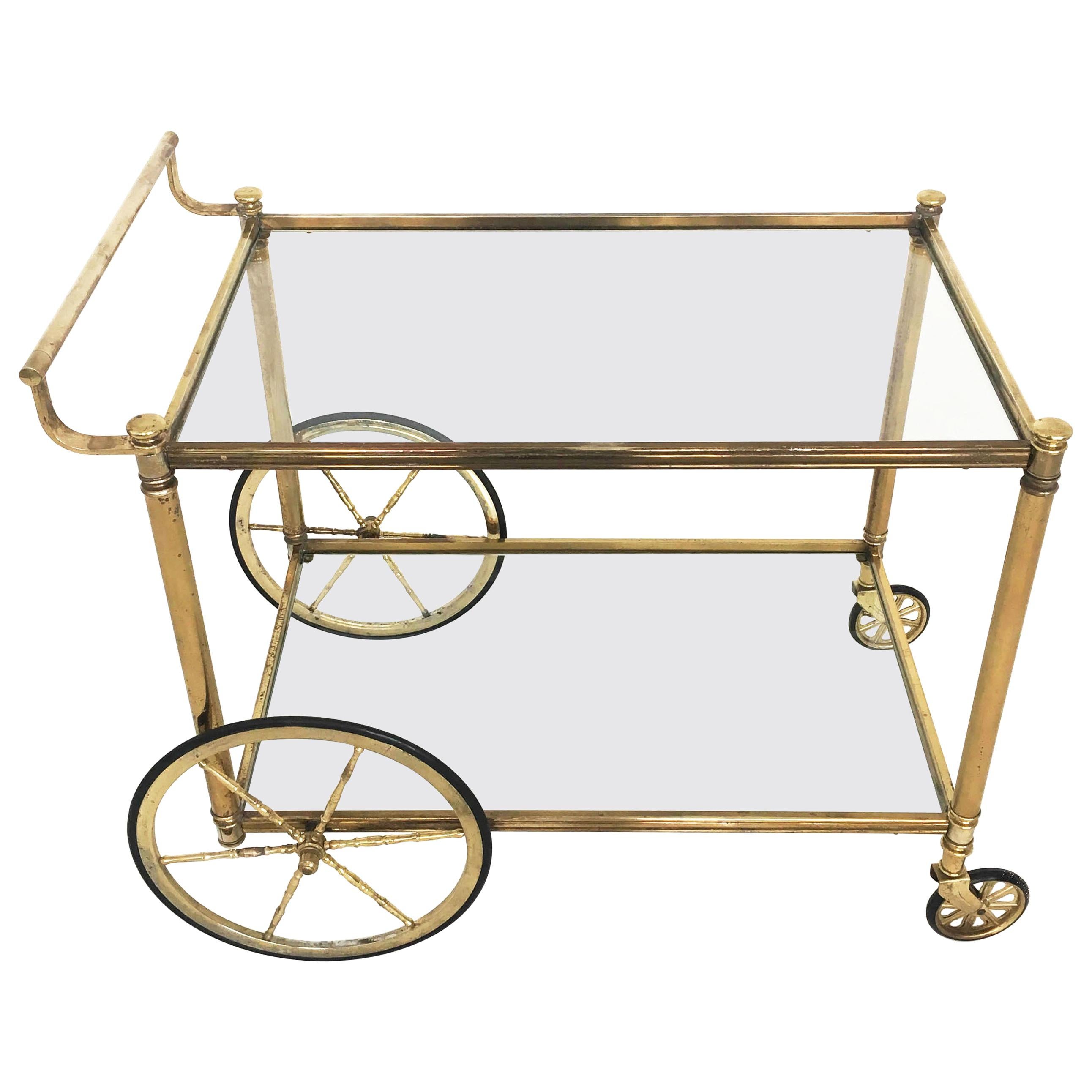 Maison Jansen Style Bar Cart in Patinated Brass, France 1950s