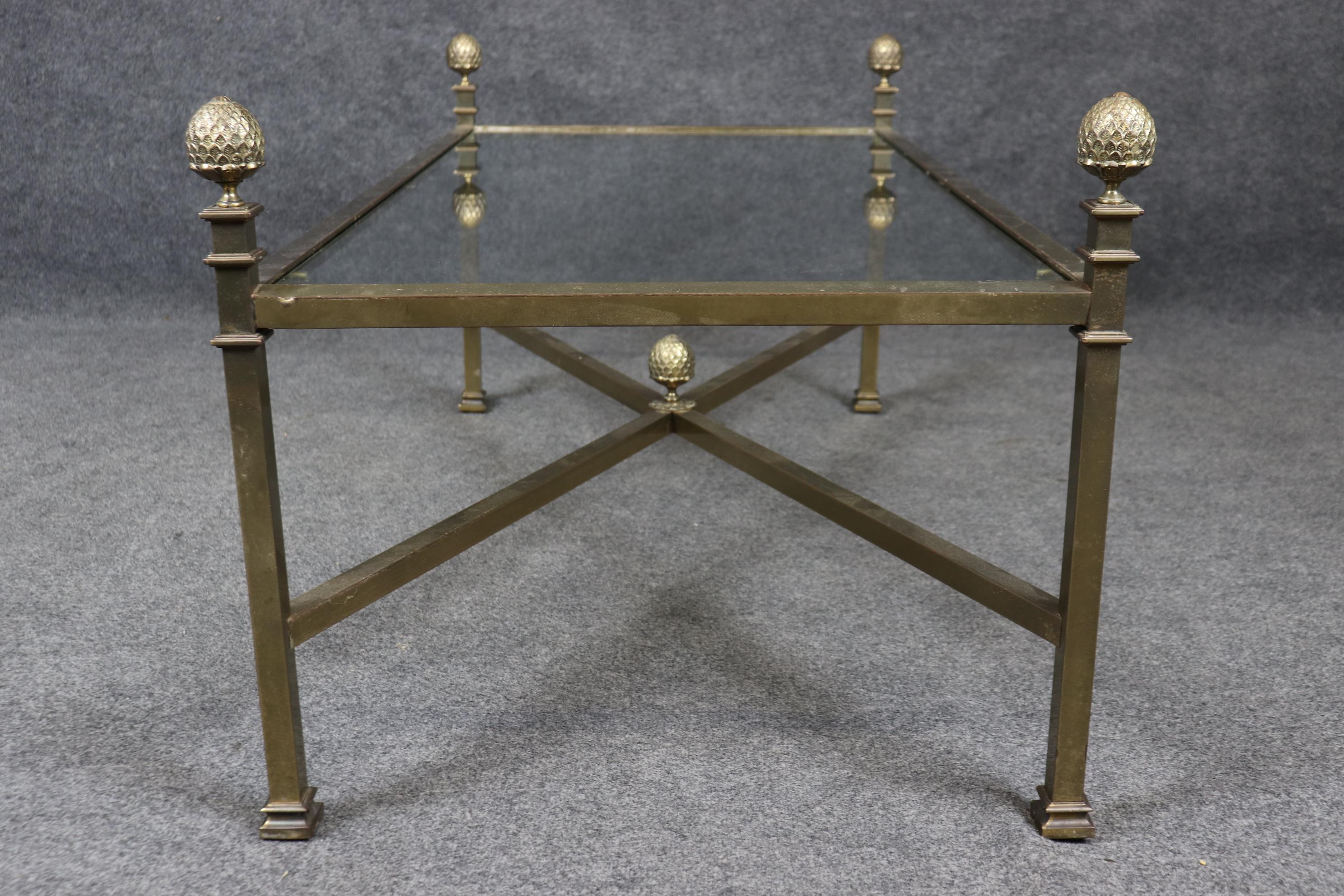 Directoire Maison Jansen Style Brass and Glass Top Coffee Table with Pineapple Finials