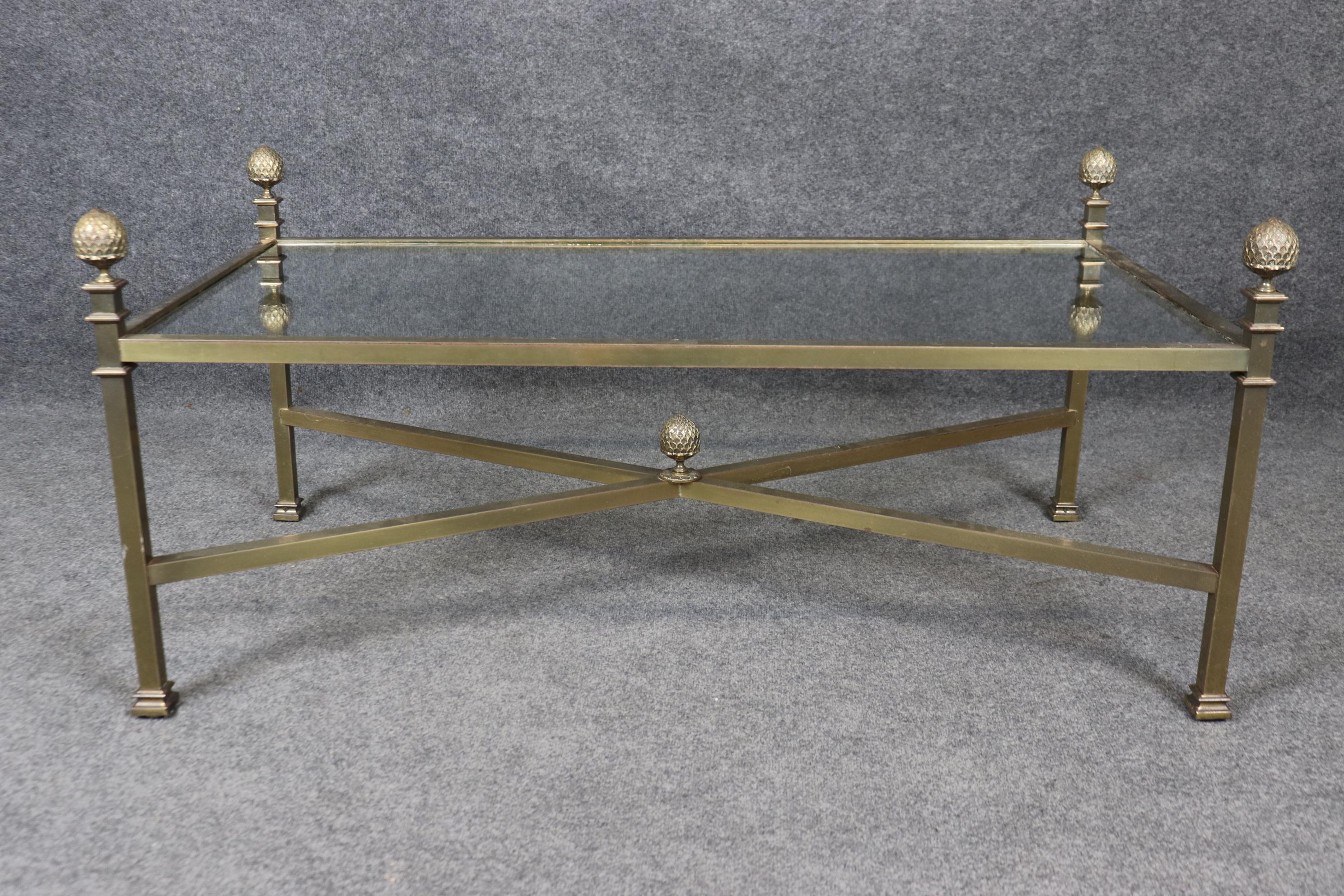 French Maison Jansen Style Brass and Glass Top Coffee Table with Pineapple Finials