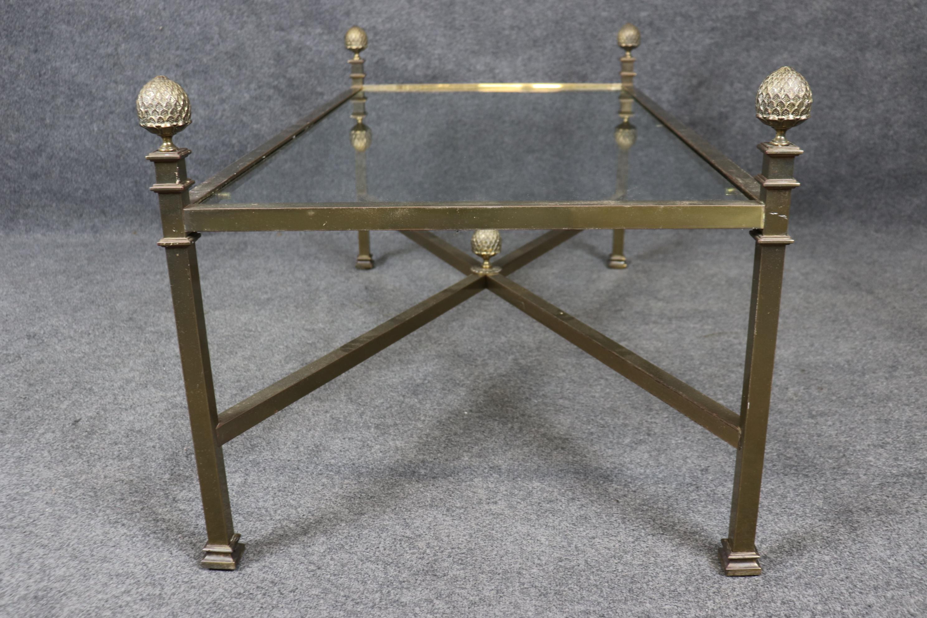 Maison Jansen Style Brass and Glass Top Coffee Table with Pineapple Finials In Good Condition In Swedesboro, NJ