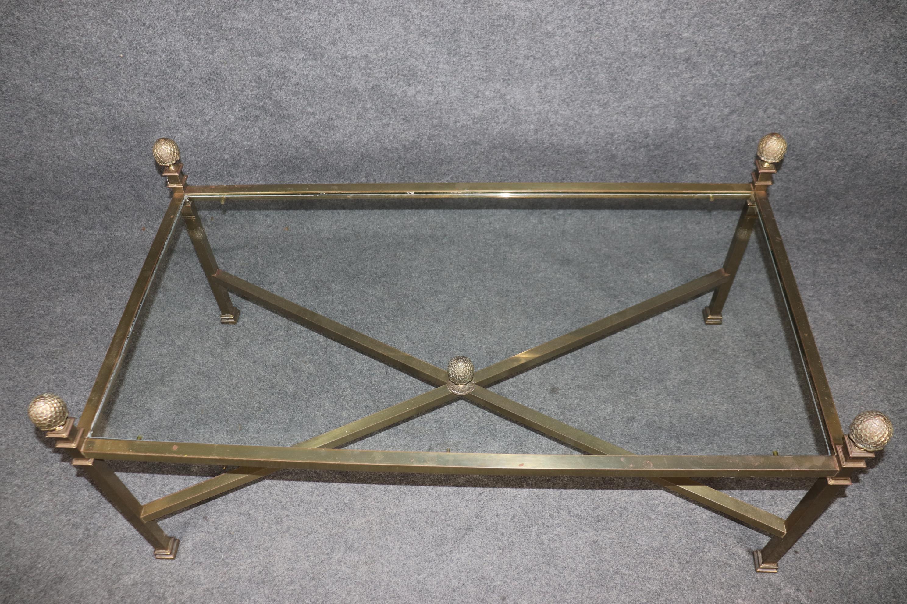 Mid-20th Century Maison Jansen Style Brass and Glass Top Coffee Table with Pineapple Finials