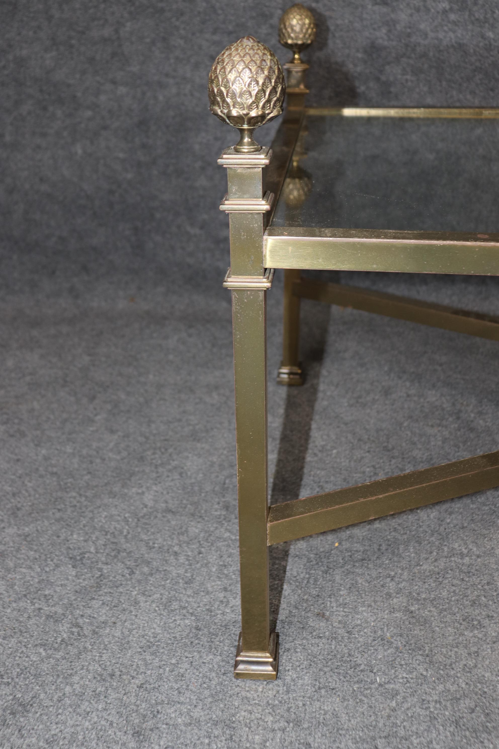 Maison Jansen Style Brass and Glass Top Coffee Table with Pineapple Finials 1