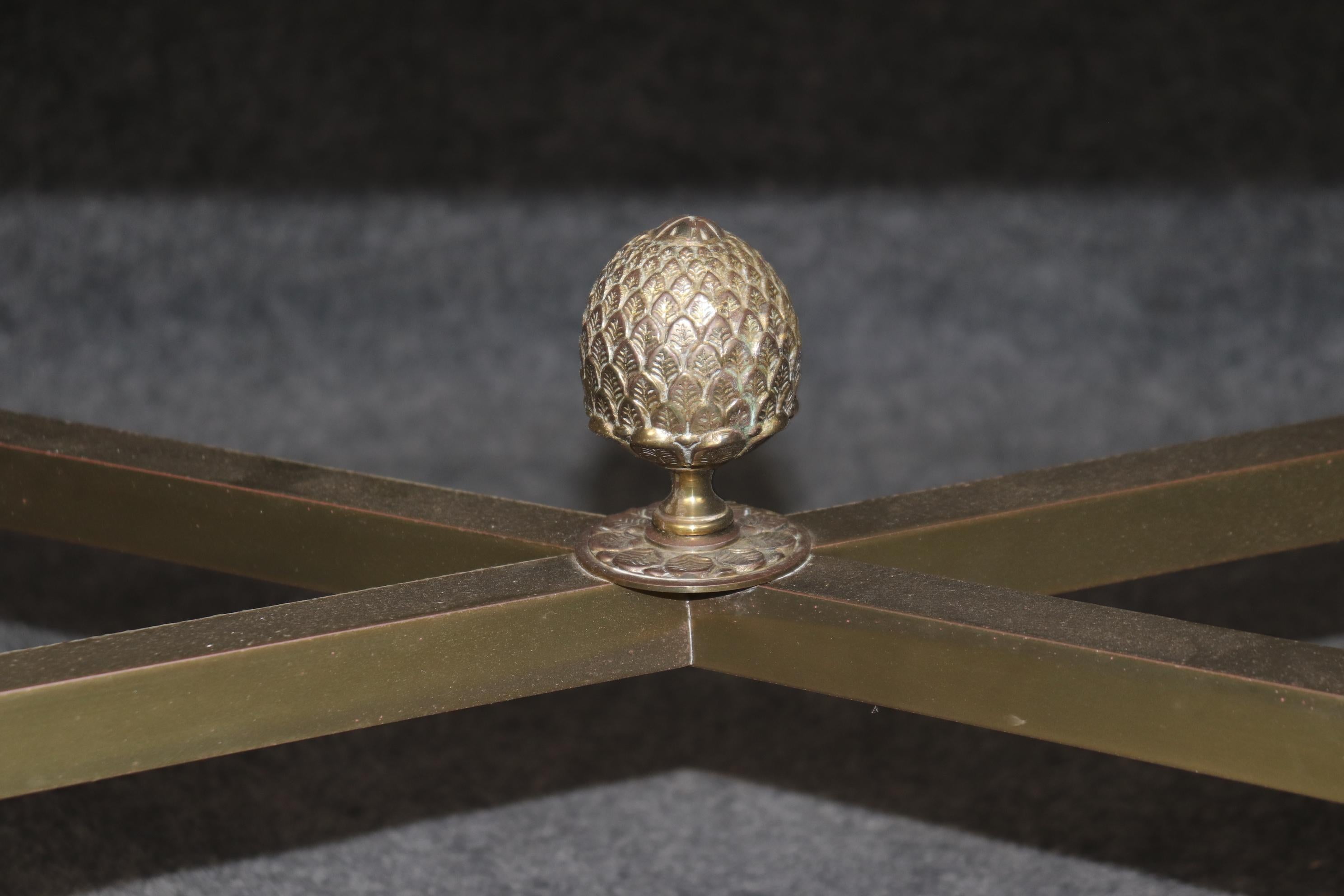 Maison Jansen Style Brass and Glass Top Coffee Table with Pineapple Finials 2