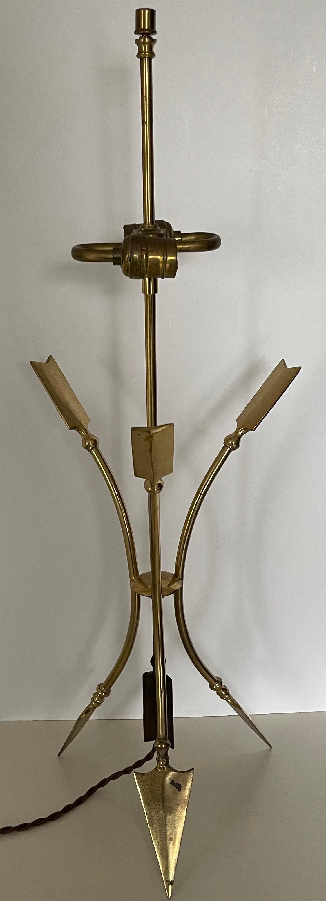 1960s Maison Jansen style brass Directorie style lamp. Brass retains overall unpolished patina. No makers mark or signature. 
Newly rewired with brown silk braided cord. Original double socket has new interior components. Lamp does not require a