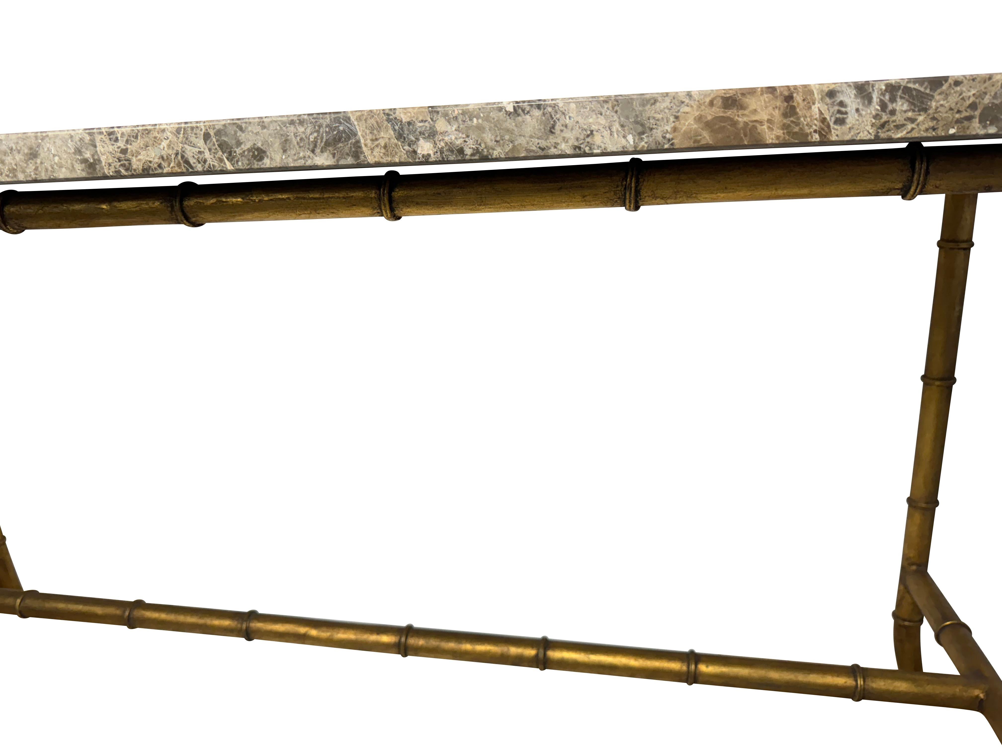 Maison Jansen Style Brass Bamboo Console Table with Brown Marble Top 5
