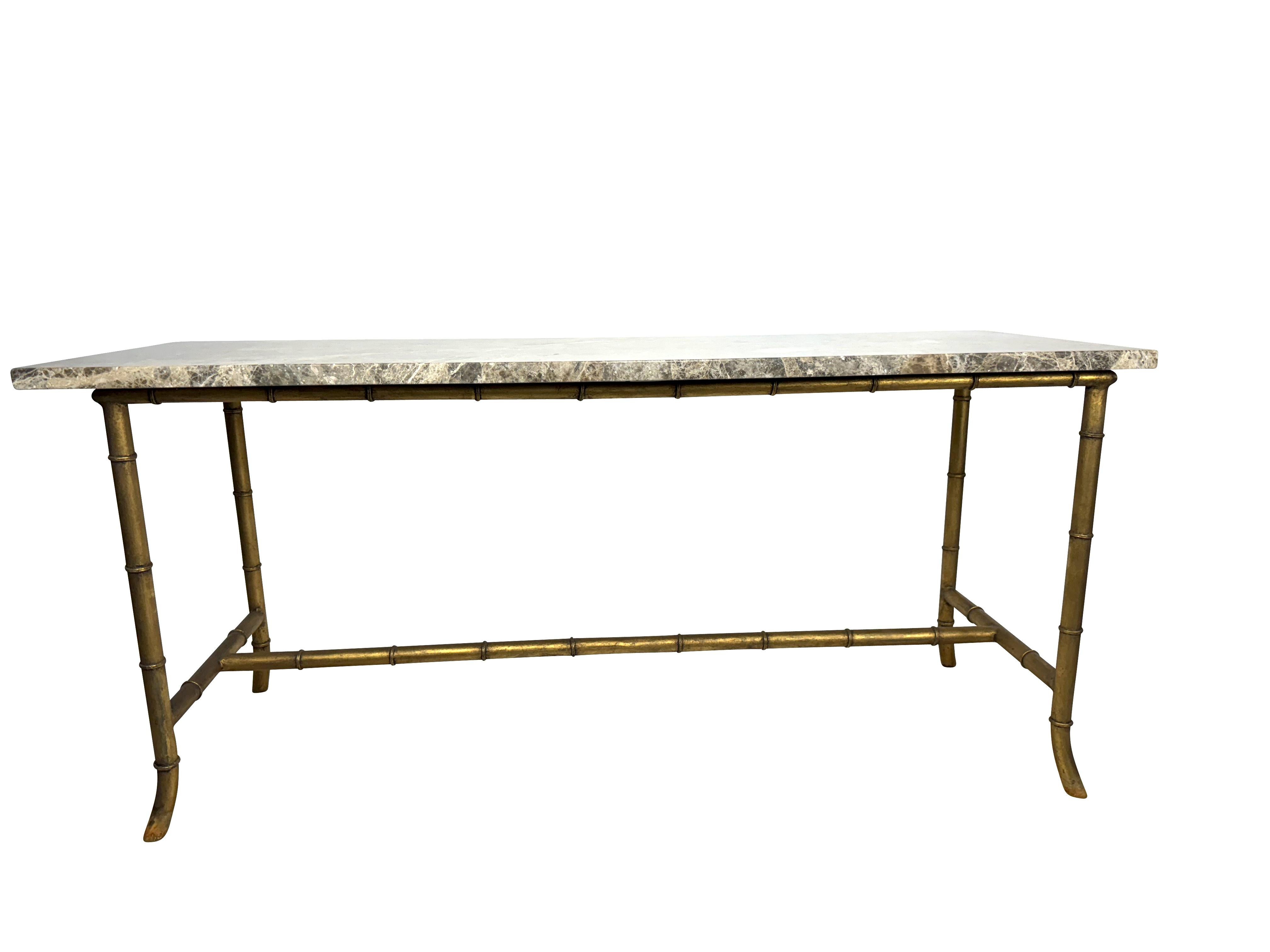 French Maison Jansen Style Brass Bamboo Console Table with Brown Marble Top