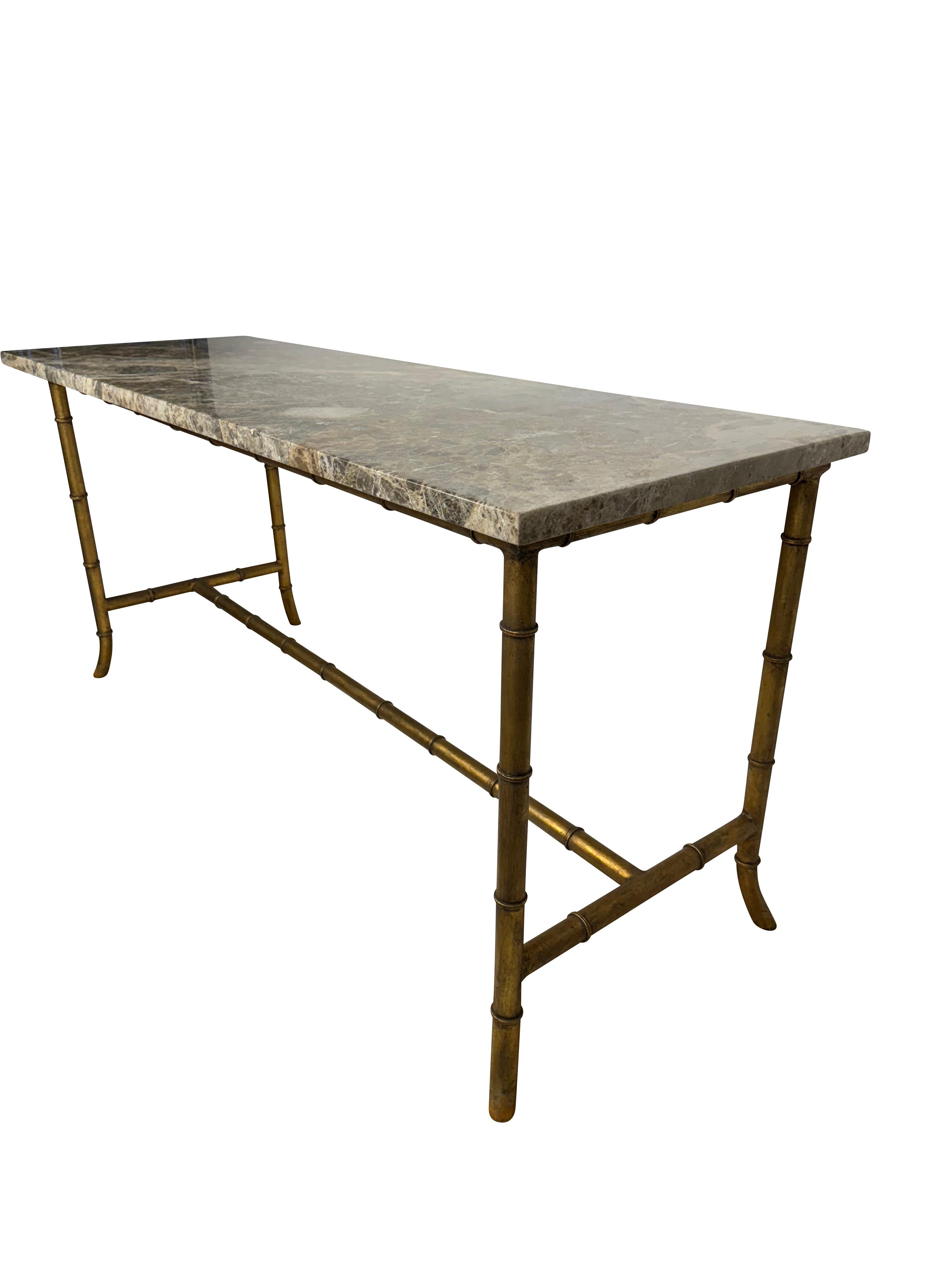 Maison Jansen Style Brass Bamboo Console Table with Brown Marble Top 3