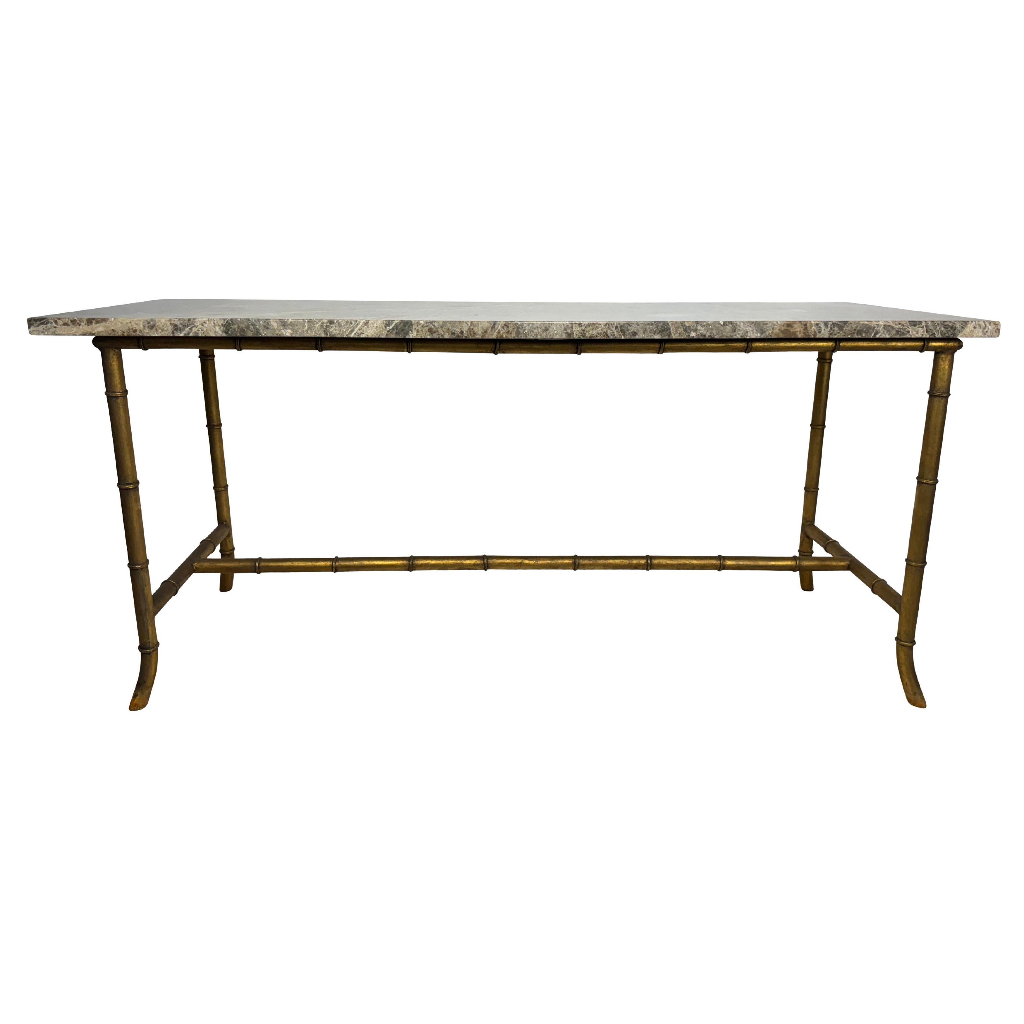 Maison Jansen Style Brass Bamboo Console Table with Brown Marble Top For Sale