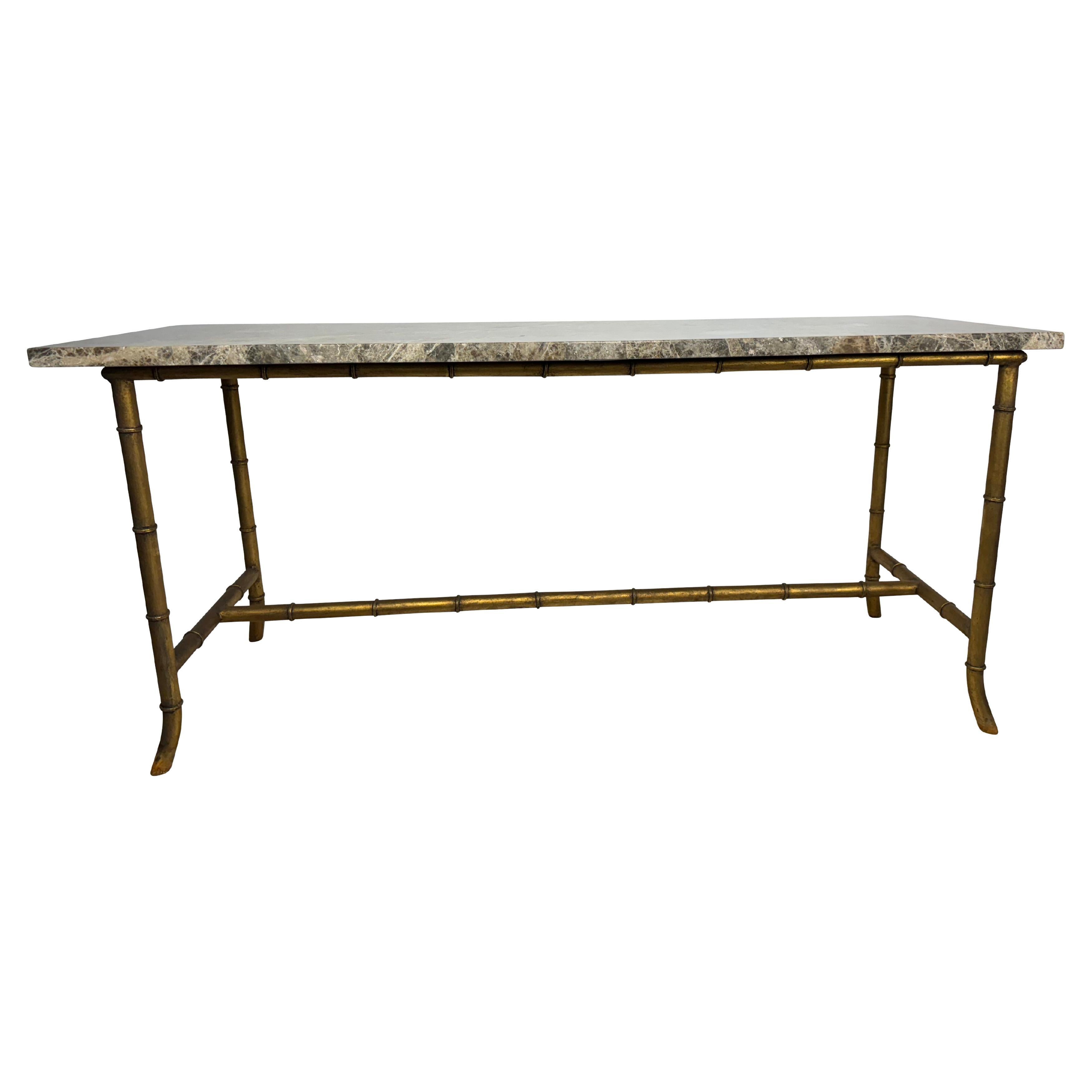 Maison Jansen Style Brass Bamboo Console Table with Brown Marble Top For Sale