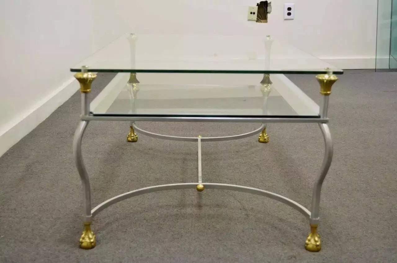 Maison Jansen Style Brass Brushed Steel & Glass Ball and Claw Foot Coffee Table For Sale 4
