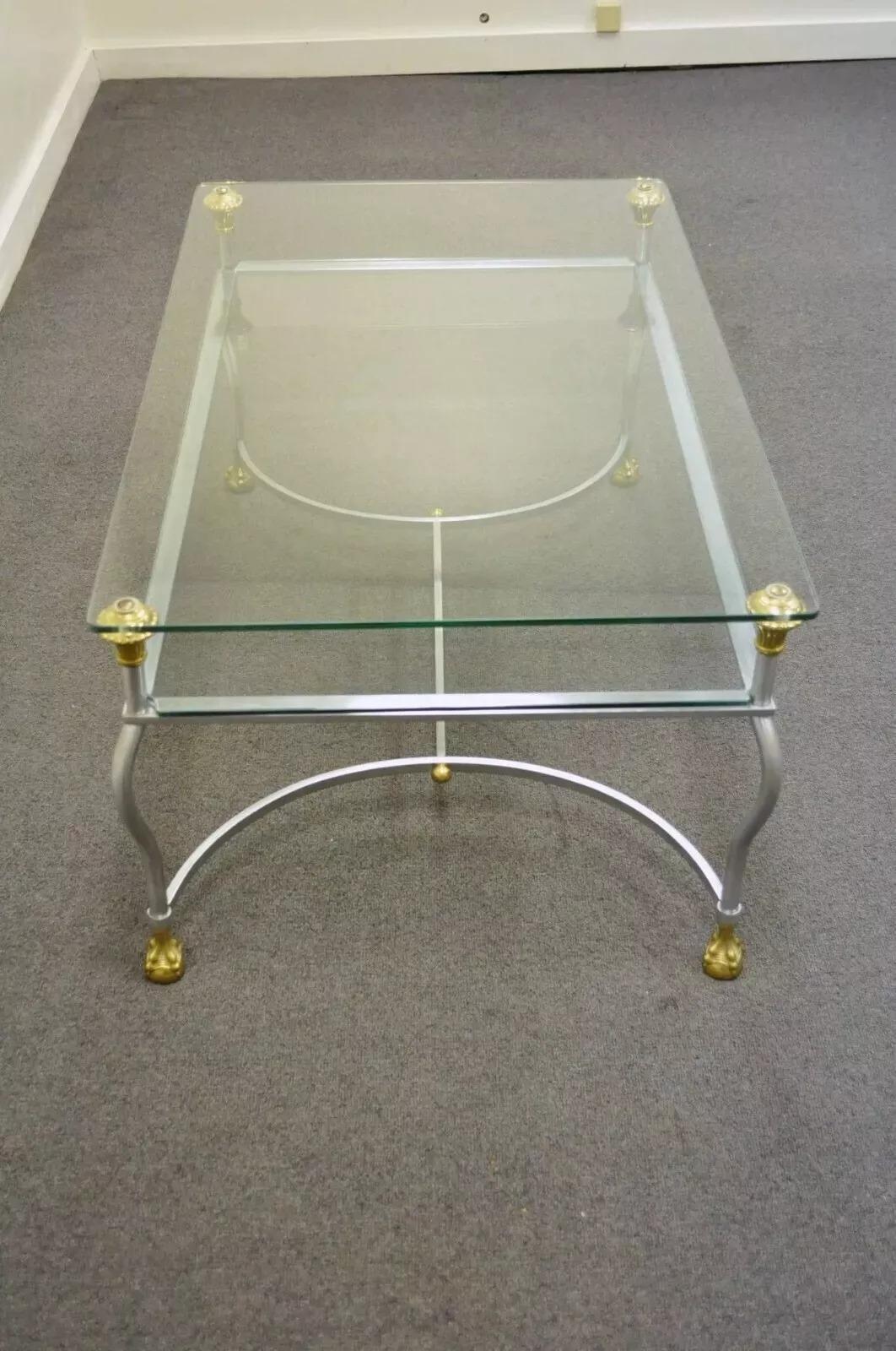 Regency Maison Jansen Style Brass Brushed Steel & Glass Ball and Claw Foot Coffee Table For Sale