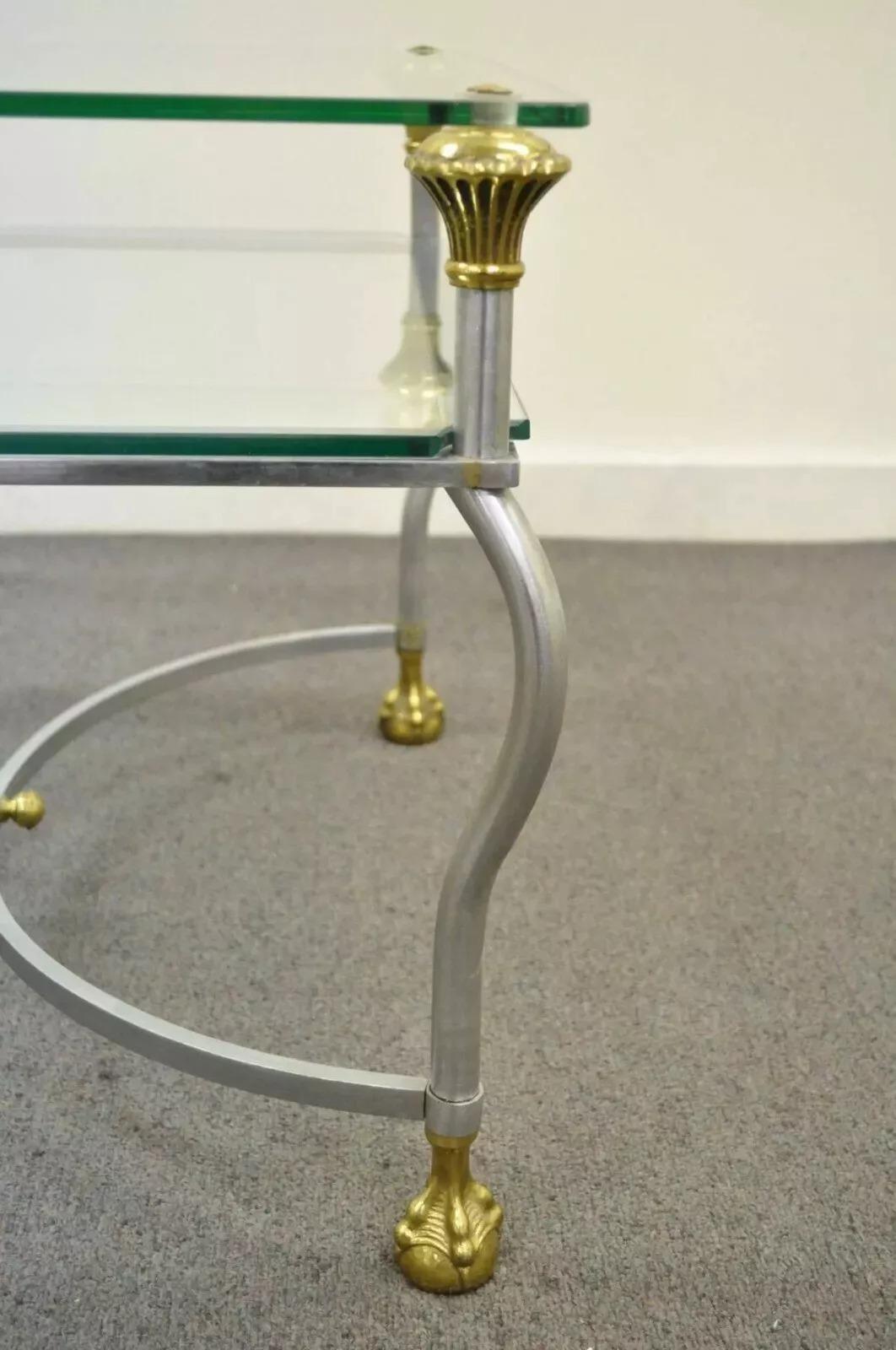 20th Century Maison Jansen Style Brass Brushed Steel & Glass Ball and Claw Foot Coffee Table For Sale