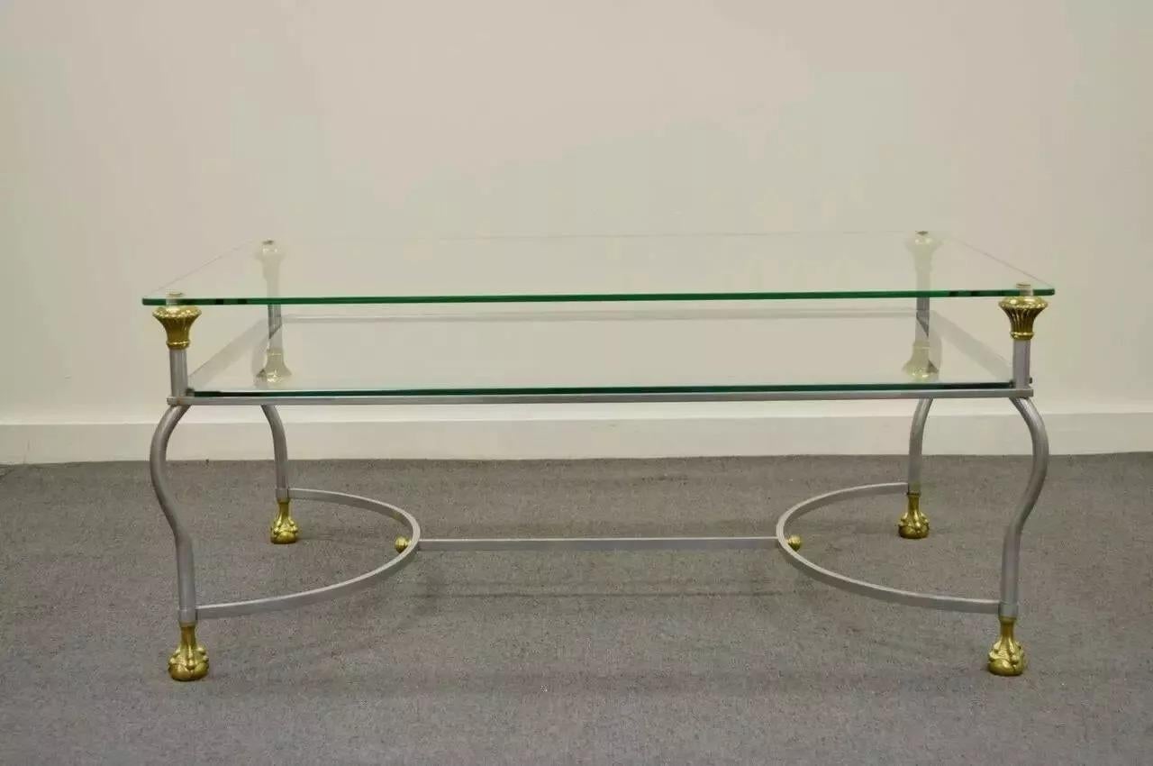 Maison Jansen Style Brass Brushed Steel & Glass Ball and Claw Foot Coffee Table For Sale 3