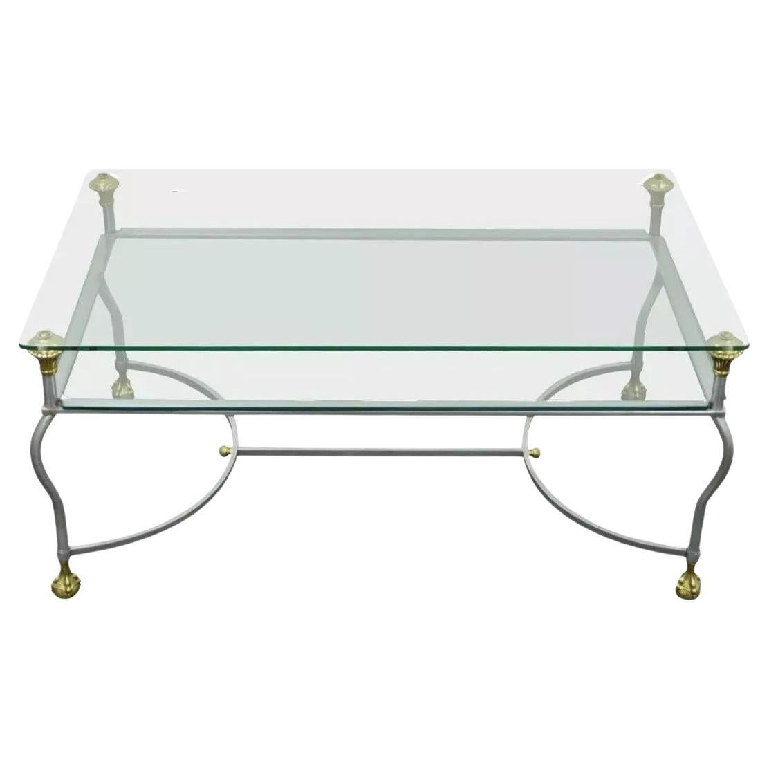 Maison Jansen Style Brass Brushed Steel & Glass Ball and Claw Foot Coffee Table For Sale