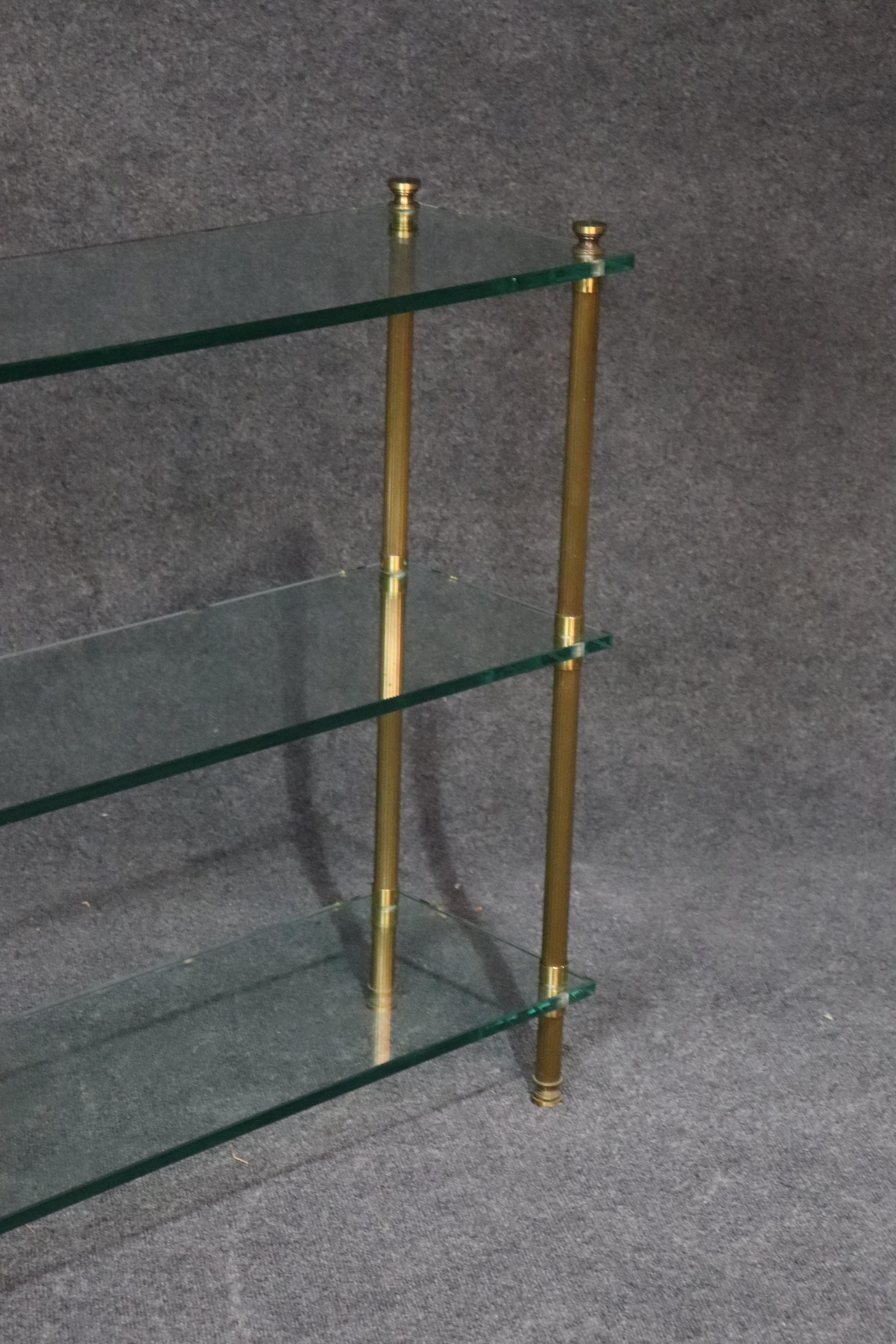 Louis XVI Fluted Brass and Thick Glass Maison Jansen Style Three Tier Console Table 