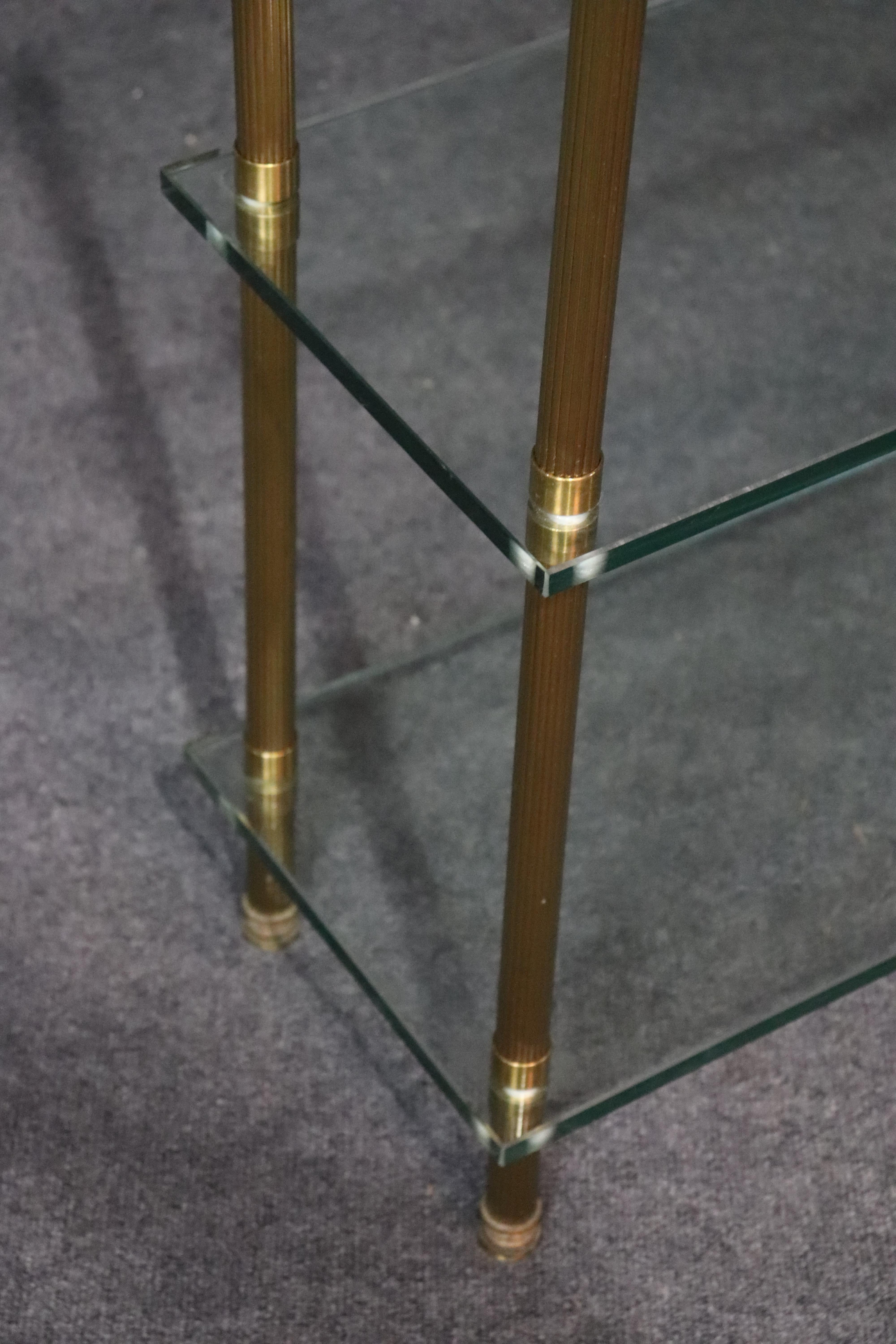 20th Century Fluted Brass and Thick Glass Maison Jansen Style Three Tier Console Table 