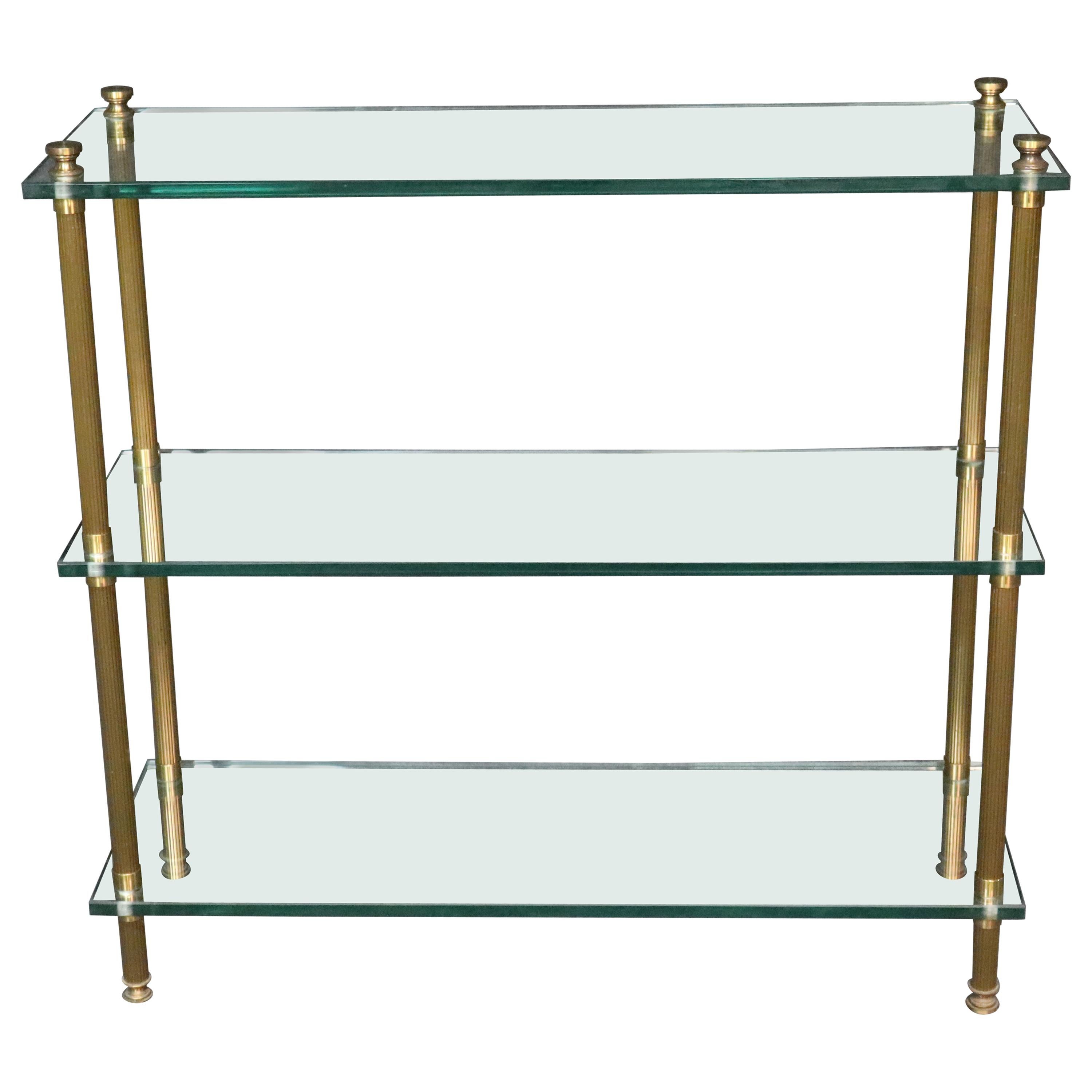 Fluted Brass and Thick Glass Maison Jansen Style Three Tier Console Table 