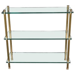 Fluted Brass and Thick Glass Maison Jansen Style Three Tier Console Table 